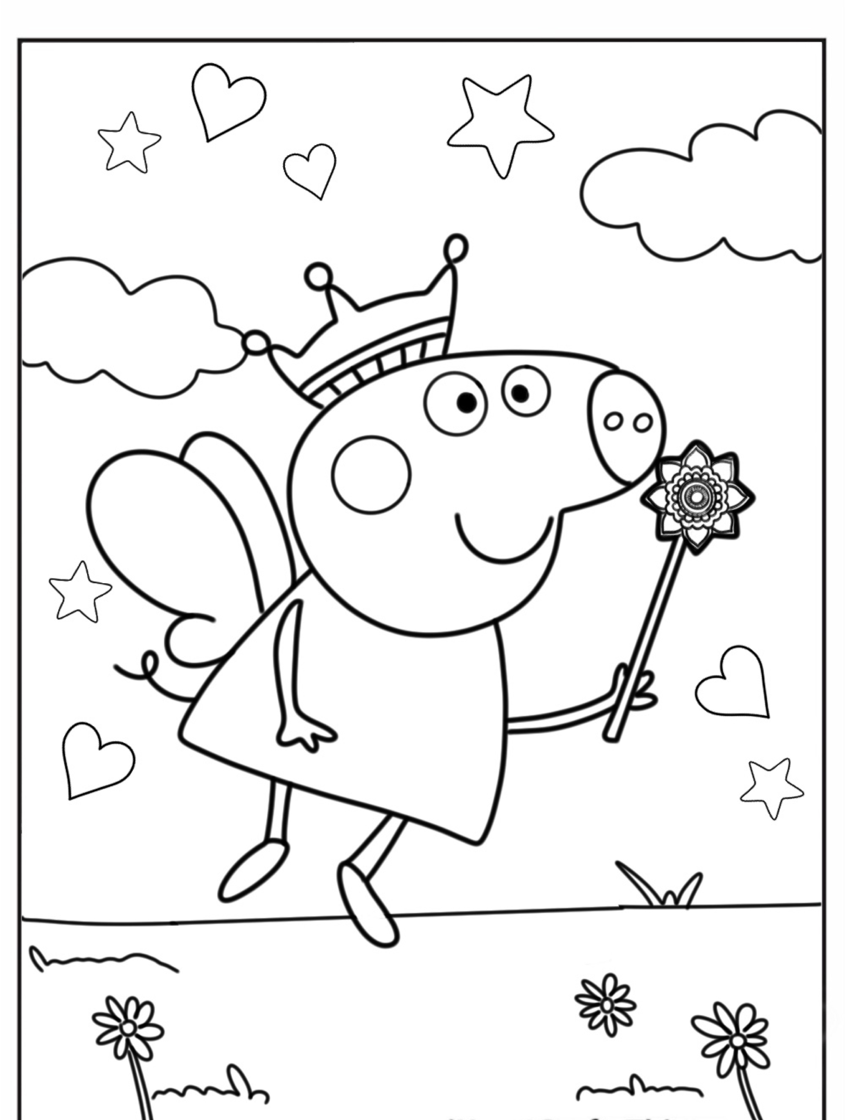 Um porco de desenho animado vestido como uma fada com asas, uma coroa e uma varinha é cercado por corações e estrelas. Esta cena encantadora poderia ser parte de "desenhos para colorir", apresentando Peppa Pig em seu traje mágico, perfeito para jovens artistas darem vida.