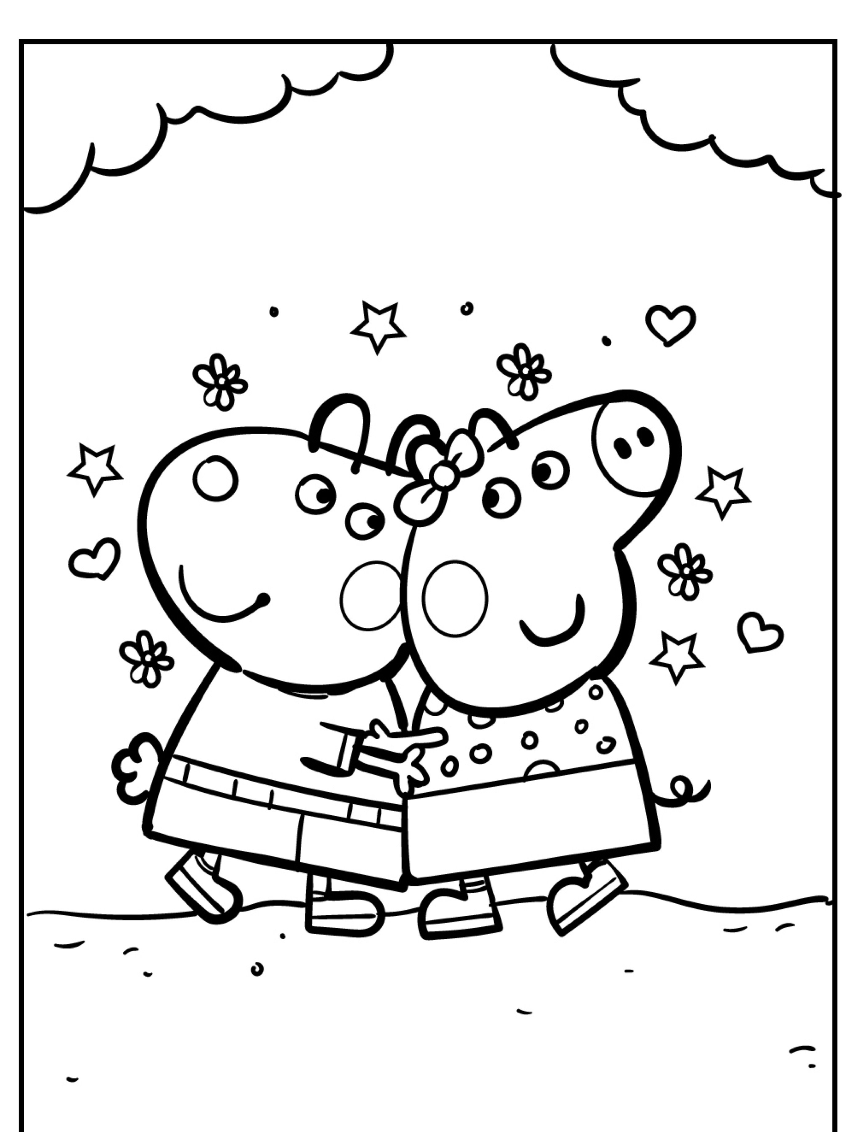 Dois animais de desenho animado de mãos dadas, cercados por estrelas, corações e flores em um ambiente alegre. Perfeito para fãs de desenhos de colorir ou qualquer um que ame o mundo lúdico da Peppa Pig.