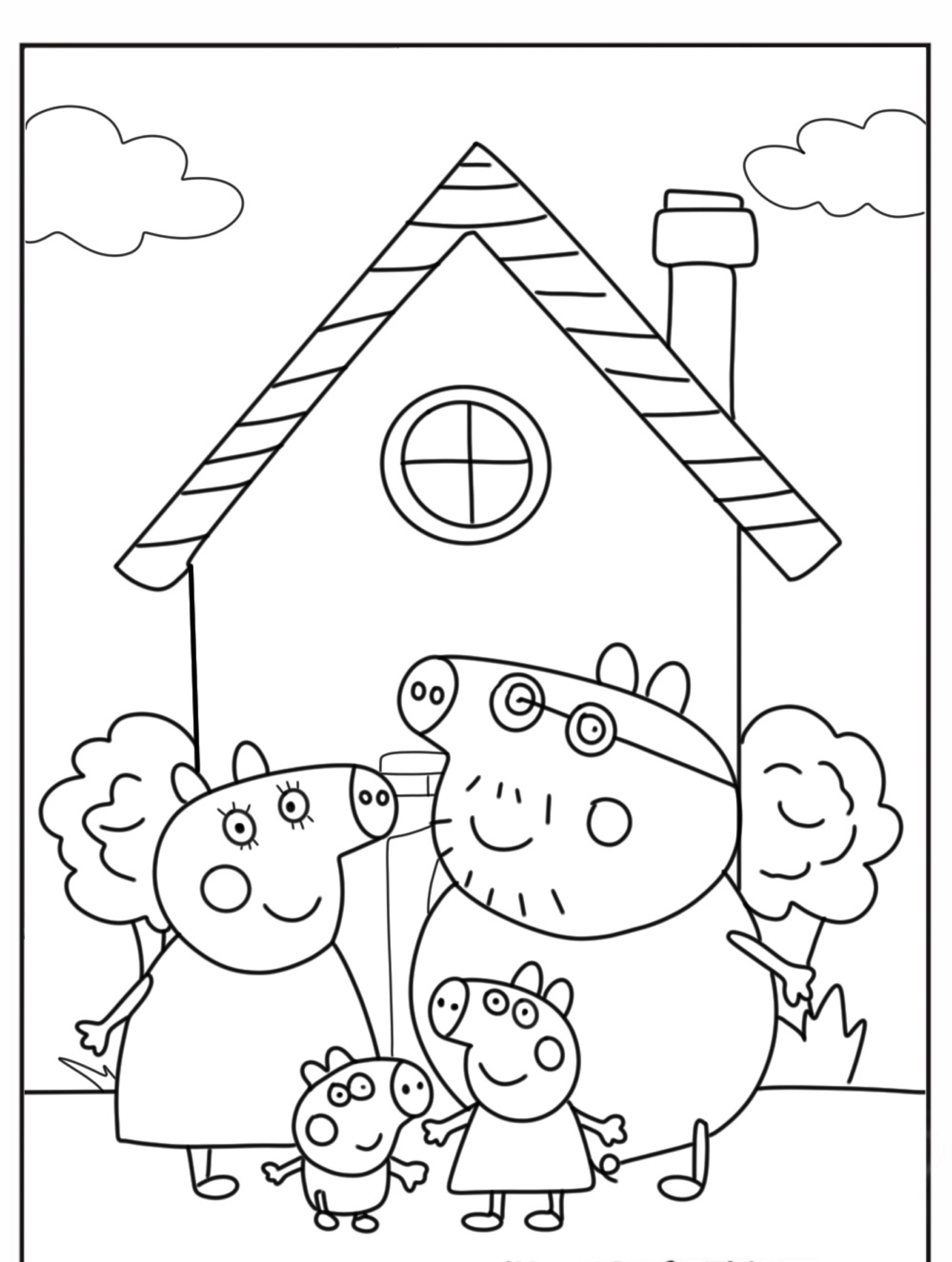 Uma família Peppa Pig está em frente à sua casa com nuvens ao fundo, perfeita para colorir. A família inclui dois adultos e duas crianças.