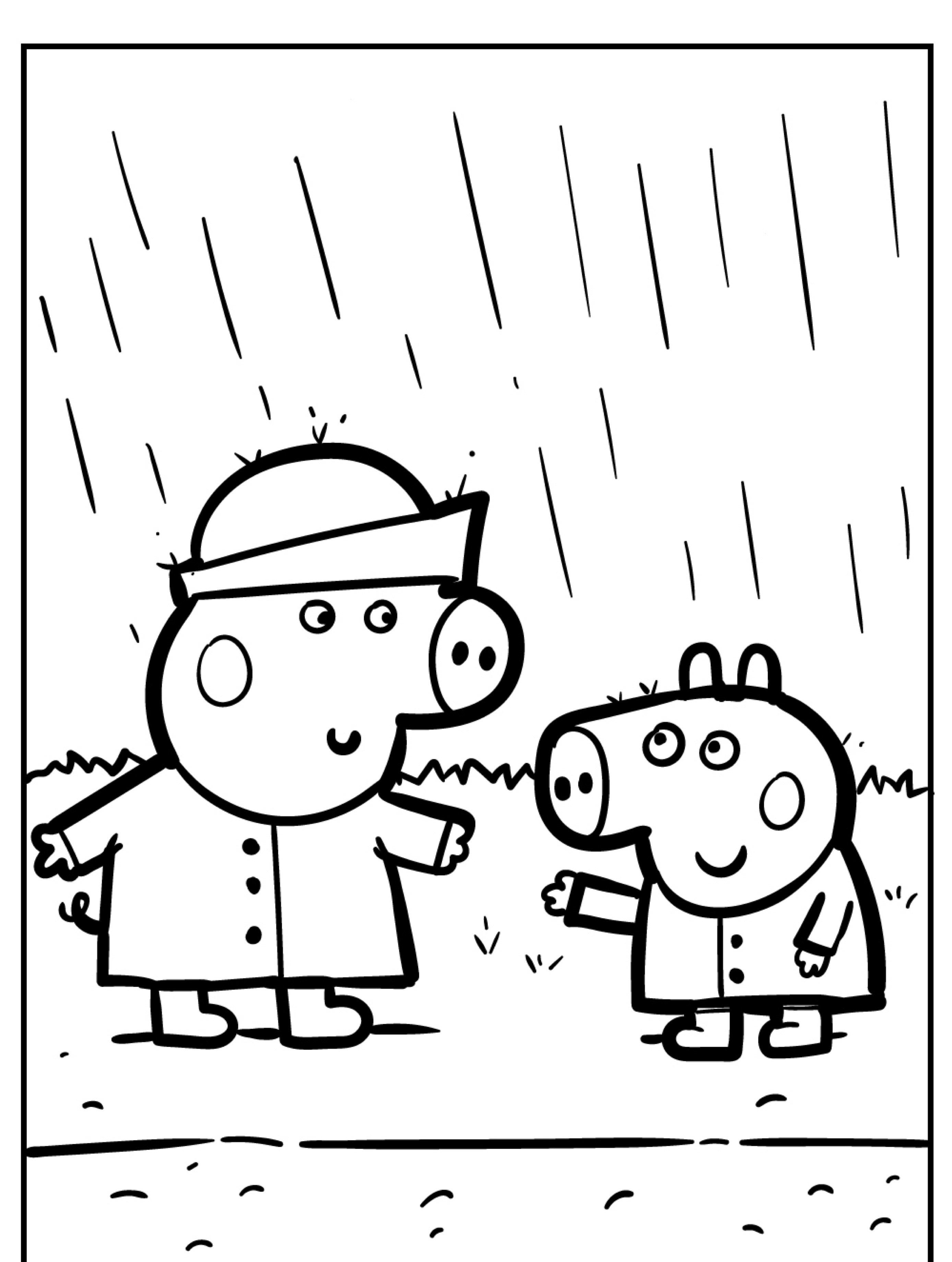 Dois porcos de desenho animado usando capas de chuva estão alegremente na chuva, lembrando a Peppa Pig, criando um cenário encantador para desenhos para colorir.