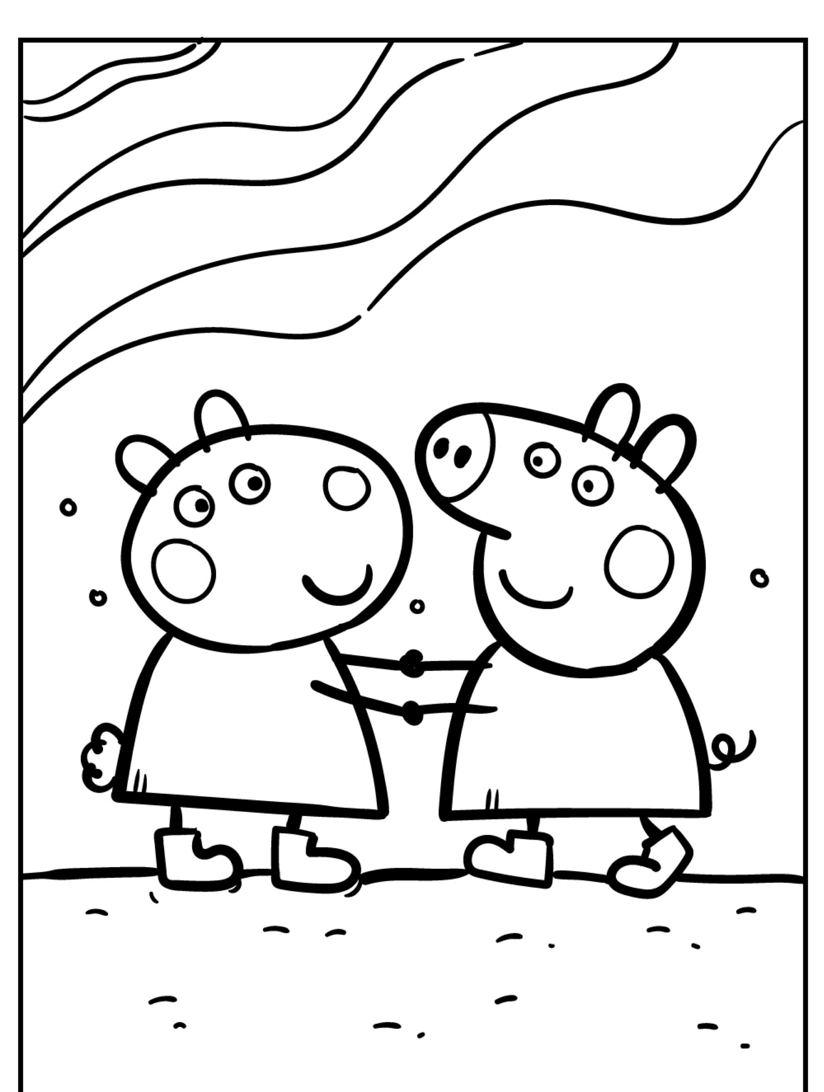 Dois personagens de desenho animado com rostos redondos e focinhos grandes, que lembram a Peppa Pig, de pé e de mãos dadas sob um céu ondulado. Preto e branco, perfeito para desenho para colorir.