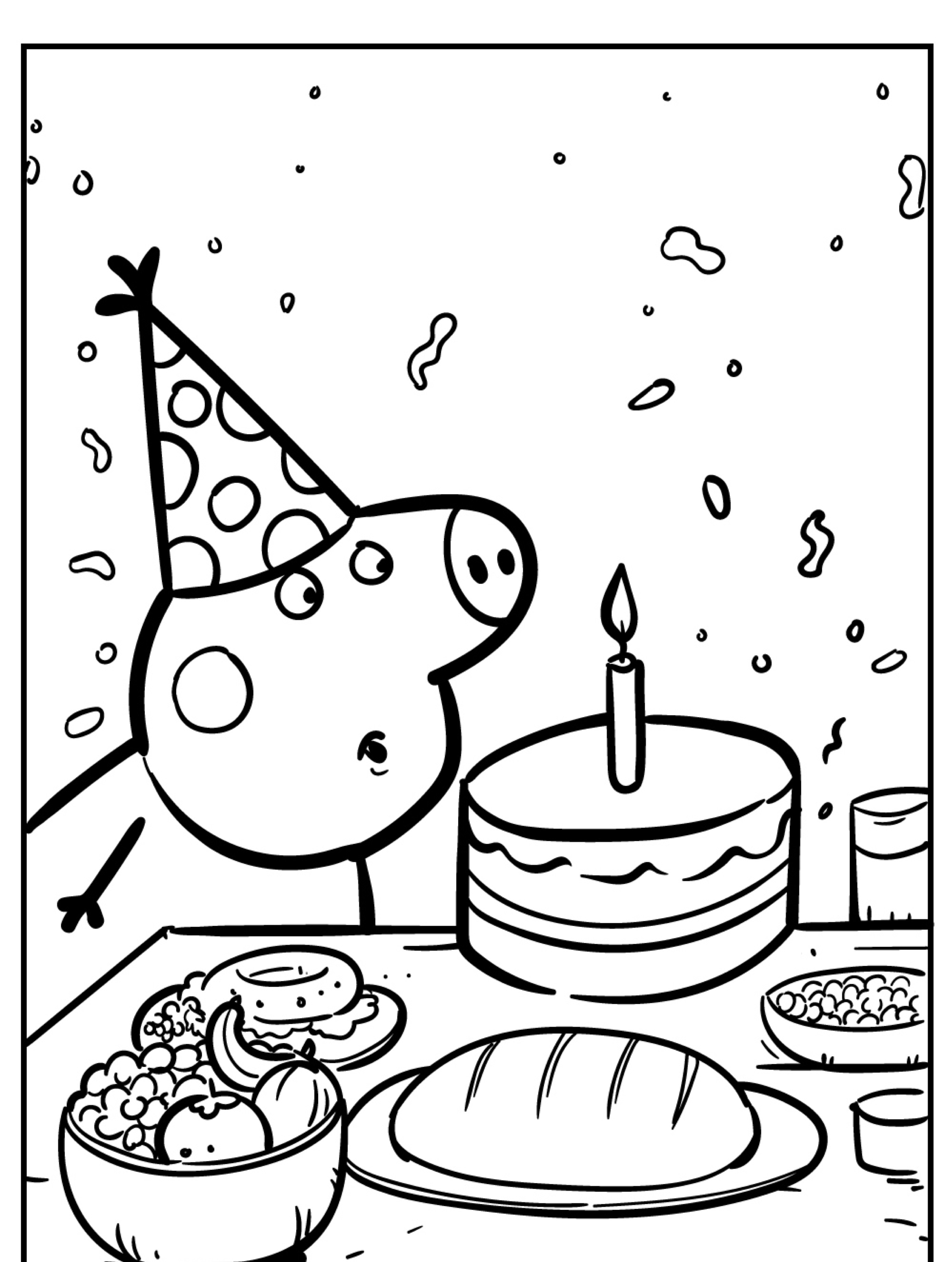 Um porco de desenho animado usando um chapéu de festa soprando uma vela em um bolo de aniversário, com comida e confete ao redor, lembrando os desenhos para colorir da Peppa Pig.