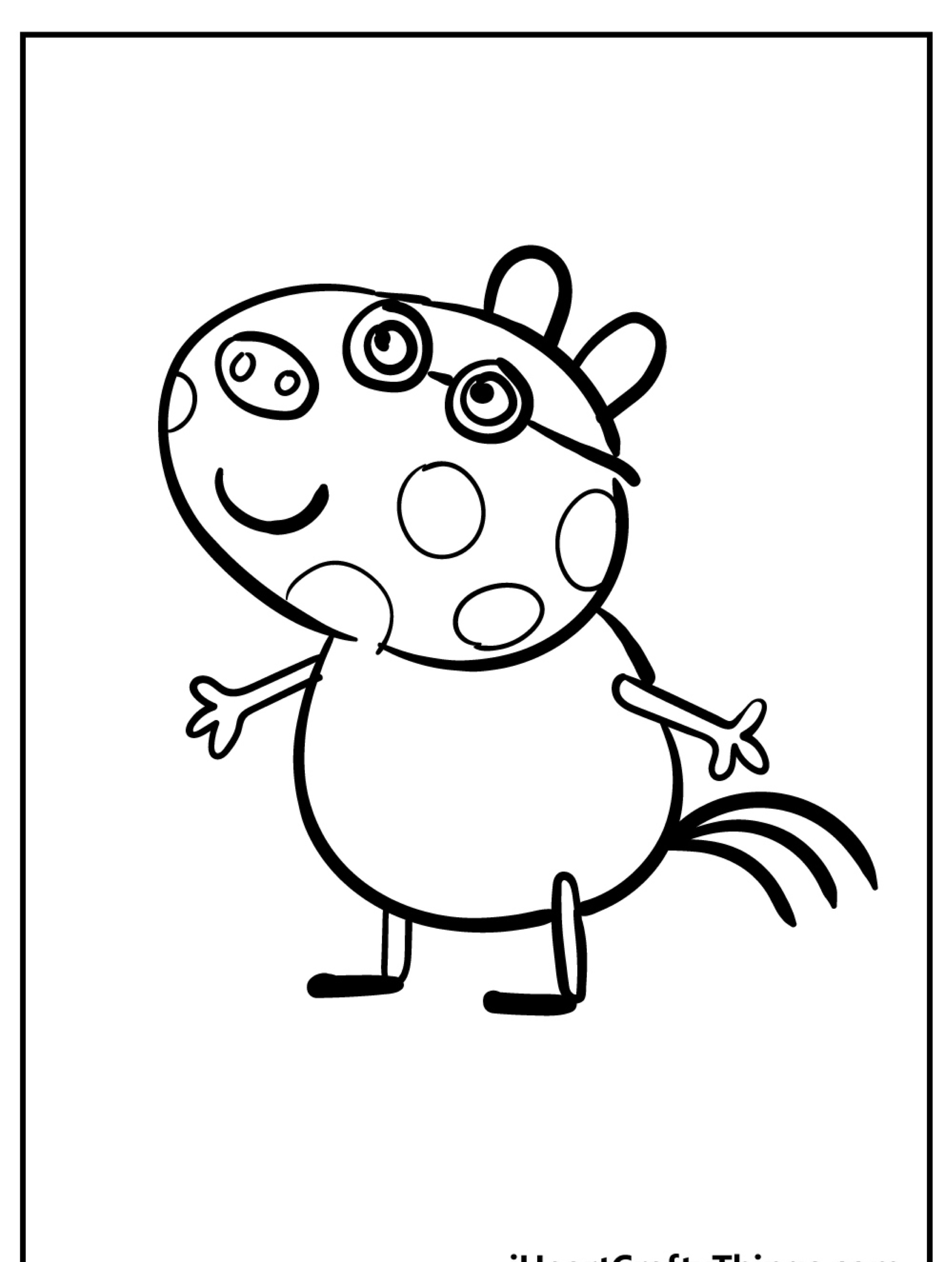 Um desenho em preto e branco de um animal sorridente, de pé, com manchas, óculos e rabo, perfeito para colorir ou adicionar à sua coleção de desenhos.