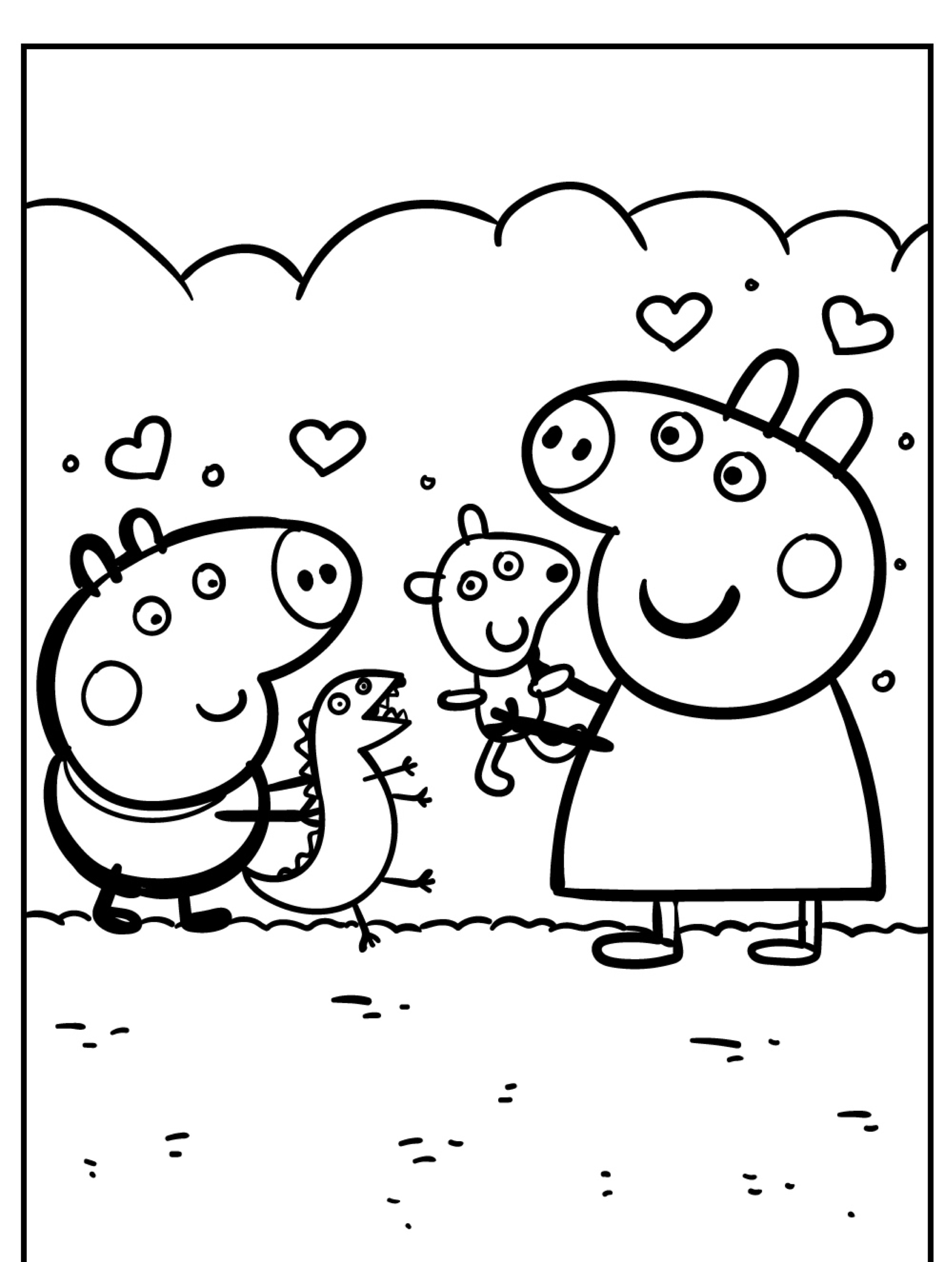 Porcos de desenho animado sorrindo enquanto seguram um porquinho e um dinossauro de brinquedo com corações ao fundo, perfeitos para colorir Peppa Pig.