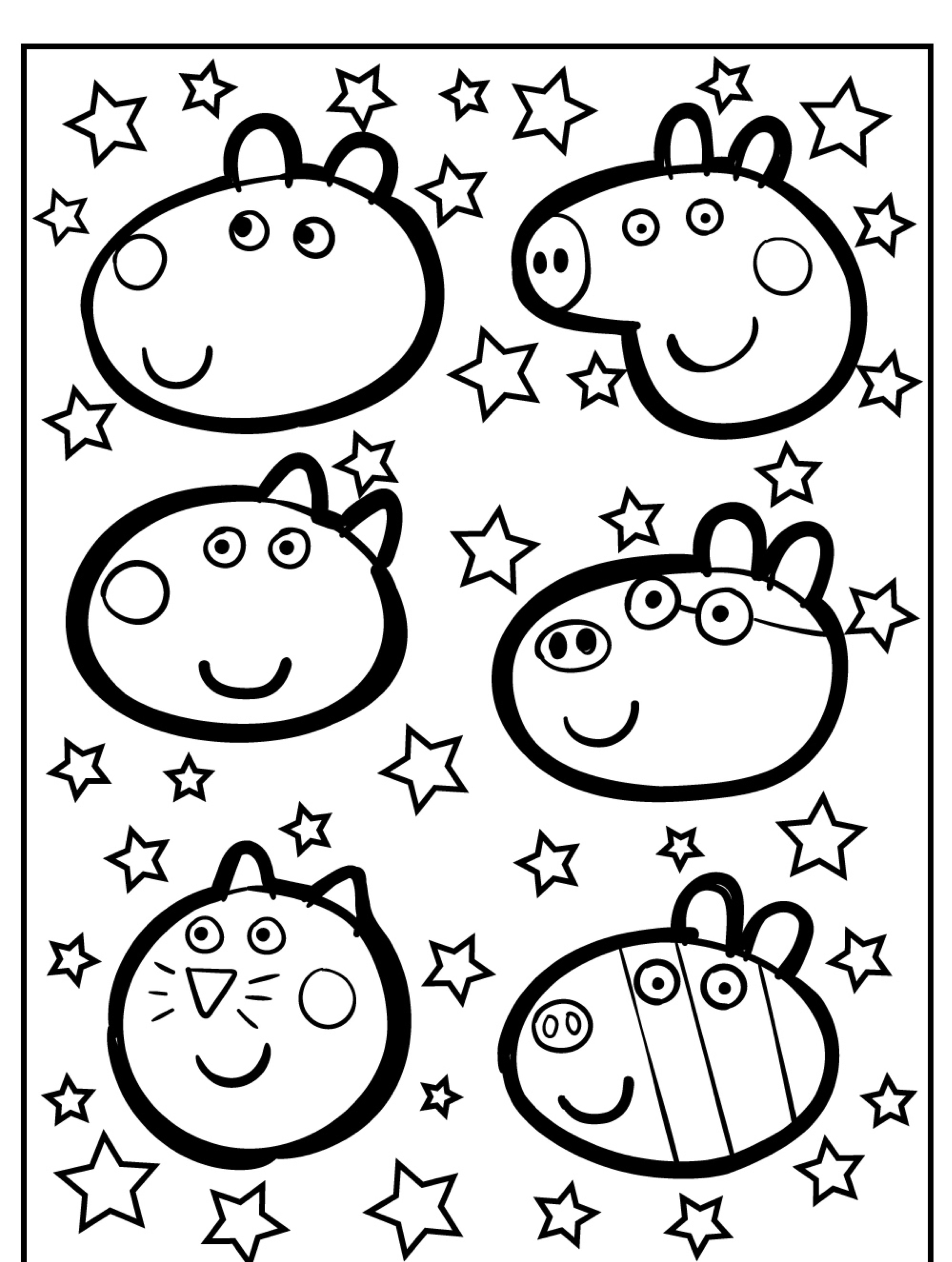 Seis rostos de animais de desenho animado cercados por estrelas, desenhados em um estilo simples. Os rostos incluem um hipopótamo, um porco (que lembra *Peppa Pig*), um gato e um coelho. Perfeito para desenho para colorir!