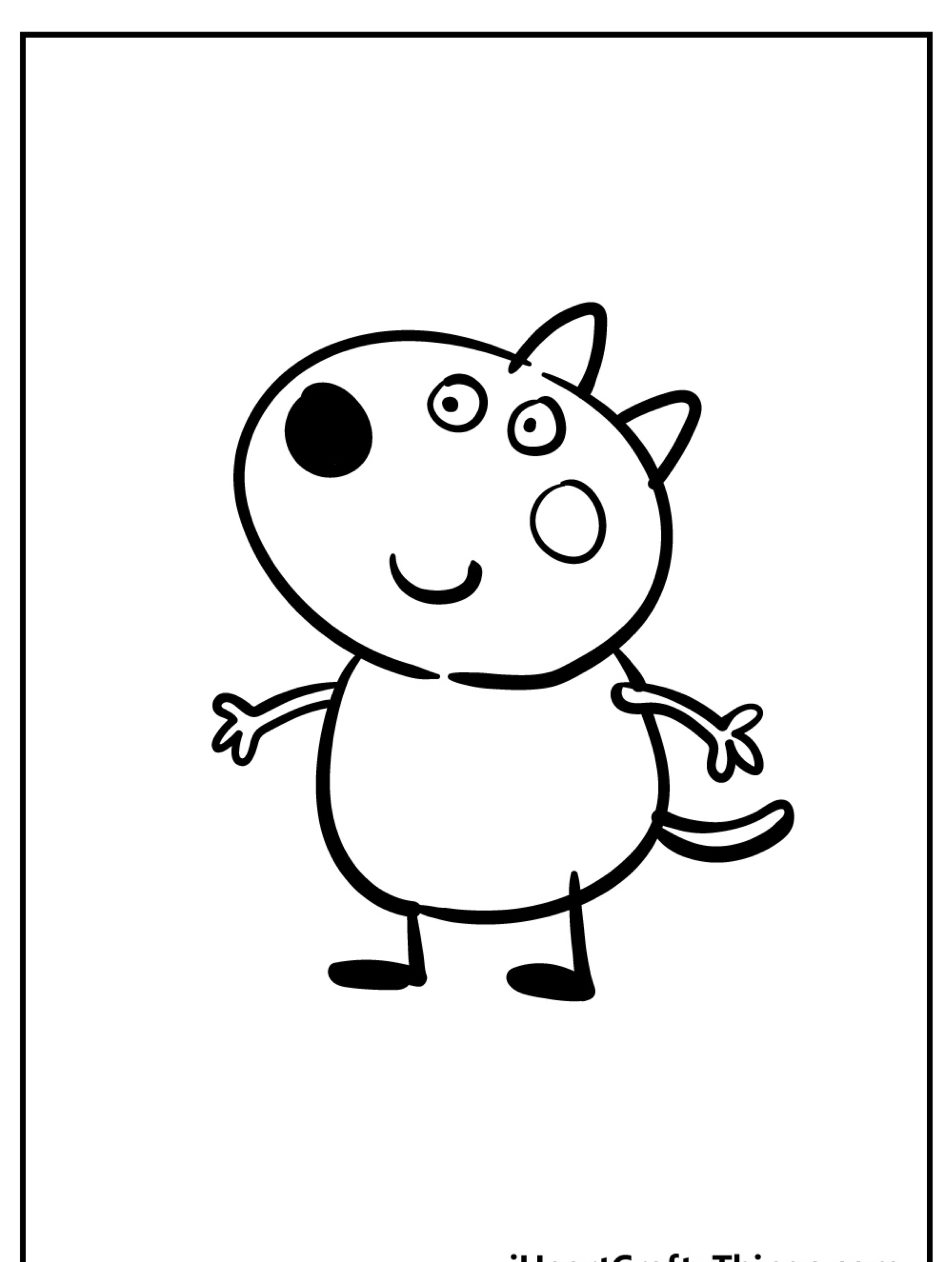 Desenho de um cachorro de desenho animado em pé, com um grande sorriso, membros minúsculos, corpo redondo e um pequeno rabo abanando, perfeito para os fãs da Peppa Pig colorirem.