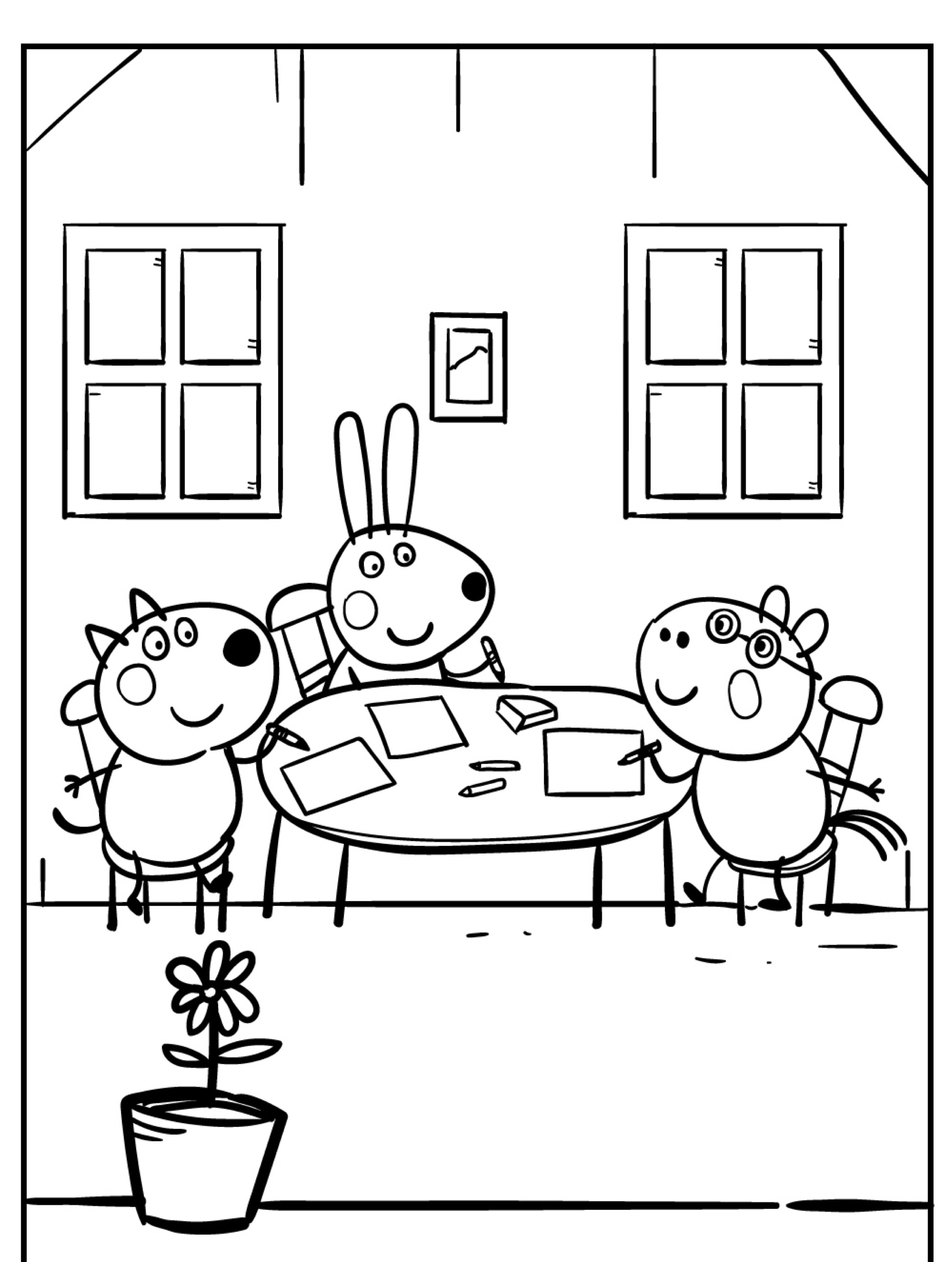 Três animais de desenho animado, incluindo Peppa Pig, estão sentados em uma mesa com desenhos para colorir na frente deles, desenhando com giz de cera em uma sala com janelas e um vaso de flores.