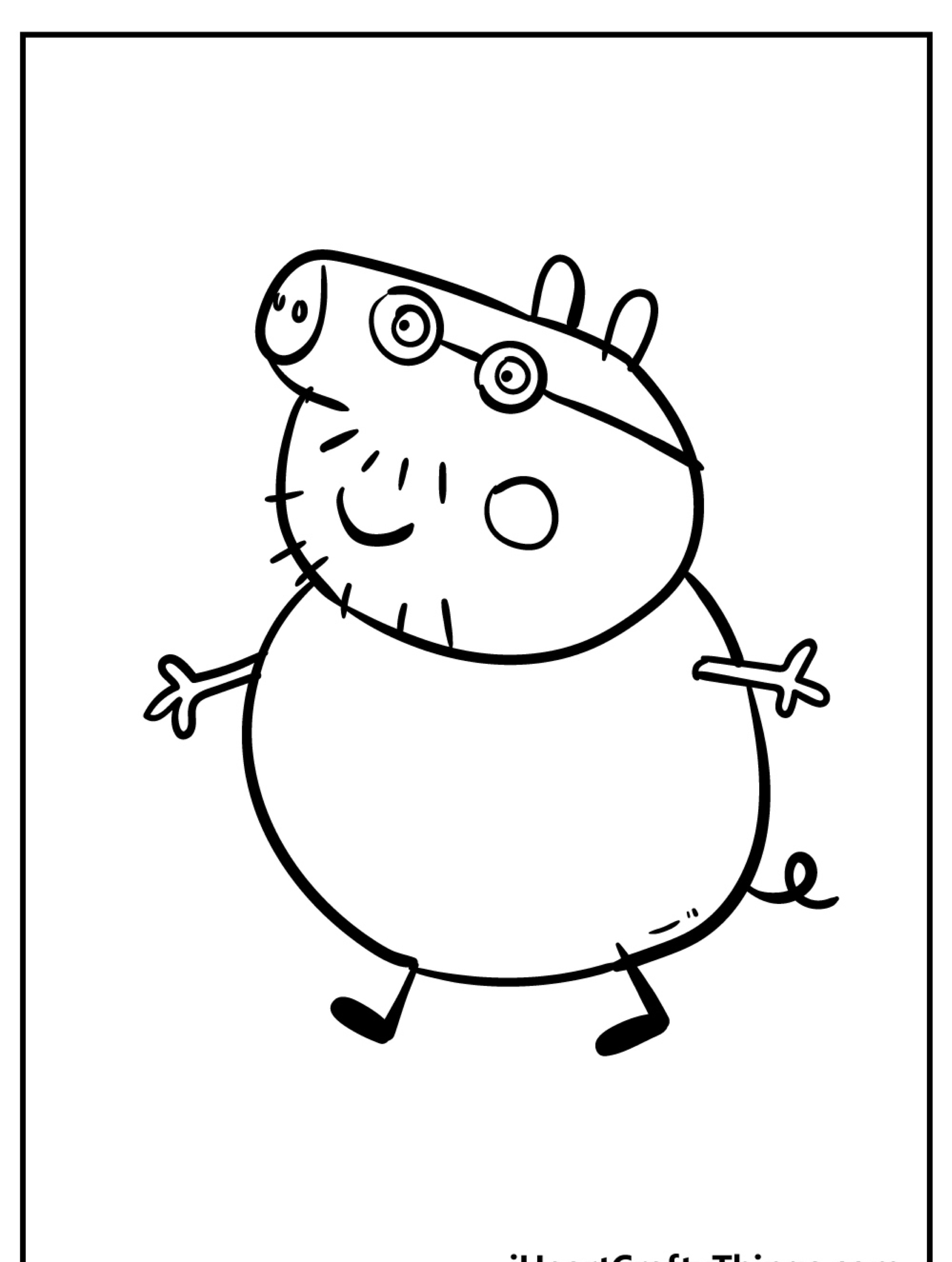 Desenho animado de um porco antropomórfico sorridente, usando óculos e andando alegremente, com os bracinhos esticados, lembrando as alegres aventuras da Peppa Pig.