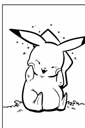 Desenho em preto e branco do Pikachu sentado e sorrindo com os olhos fechados, inclinado para trás e faíscas ao redor das orelhas, perfeito para colorir. Para colorir.