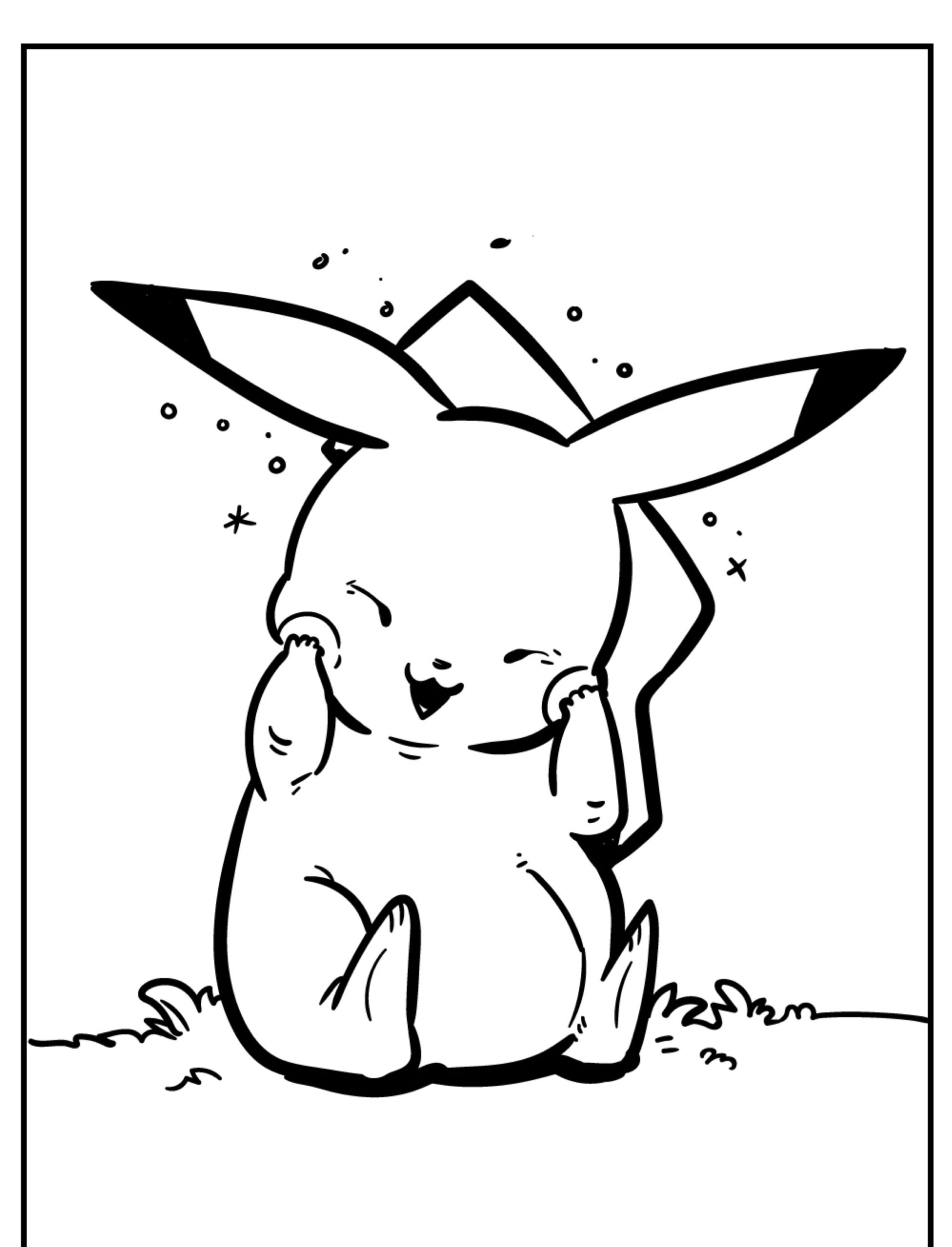 Desenho em preto e branco do Pikachu sentado e sorrindo com os olhos fechados, inclinado para trás e faíscas ao redor das orelhas, perfeito para colorir. Para colorir.