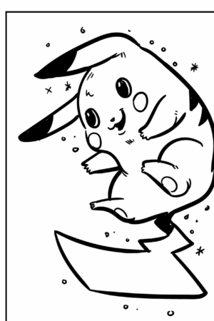 Desenho em preto e branco de um Pikachu fofo e gordinho flutuando no espaço com pequenas estrelas ao redor, perfeito para colorir. Para colorir.