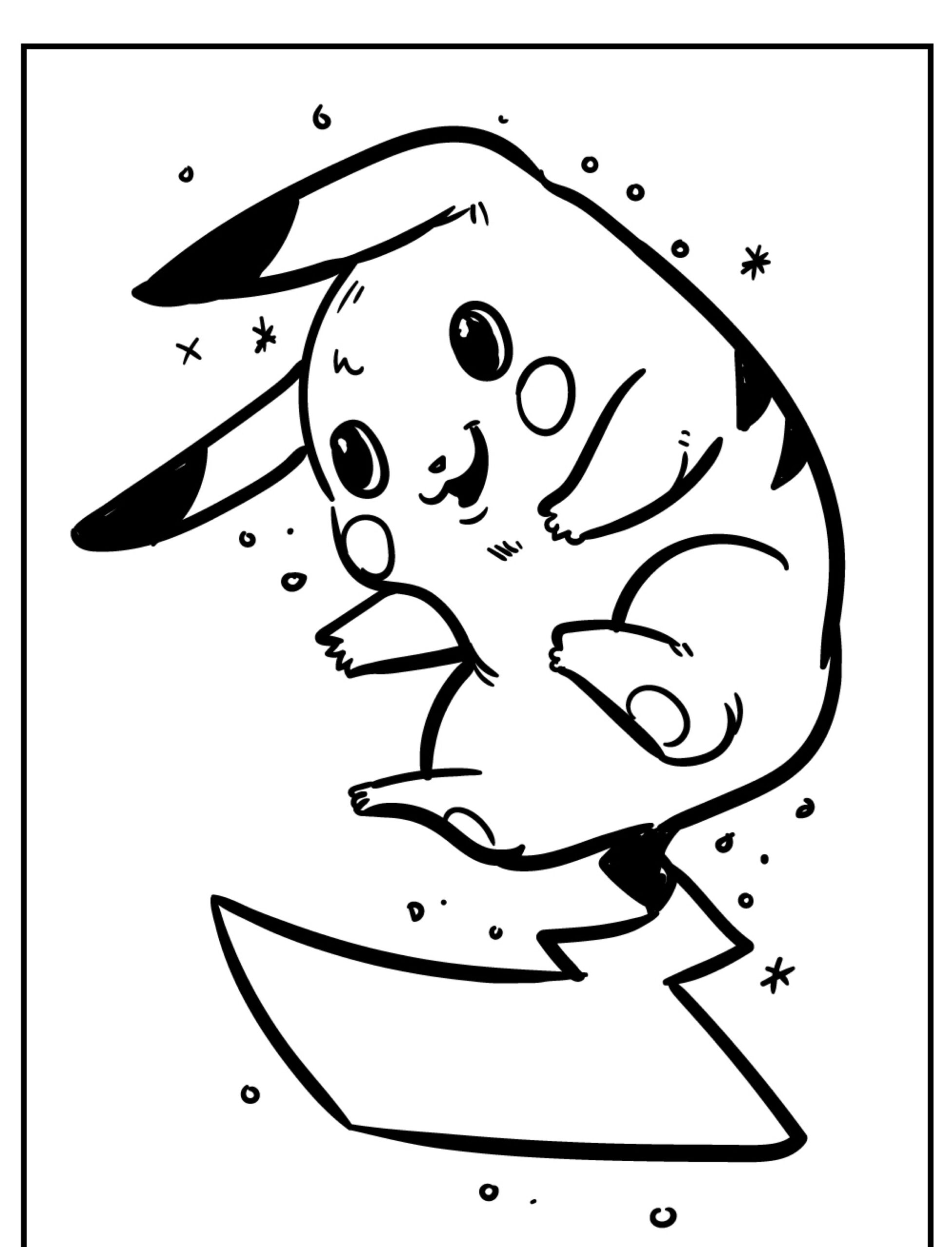 Desenho em preto e branco de um Pikachu fofo e gordinho flutuando no espaço com pequenas estrelas ao redor, perfeito para colorir. Para colorir.