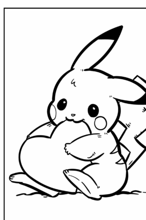 Um Pikachu fofo, perfeito para um desenho, segurando um grande coração com as duas patas e sorrindo adoravelmente. Para colorir.