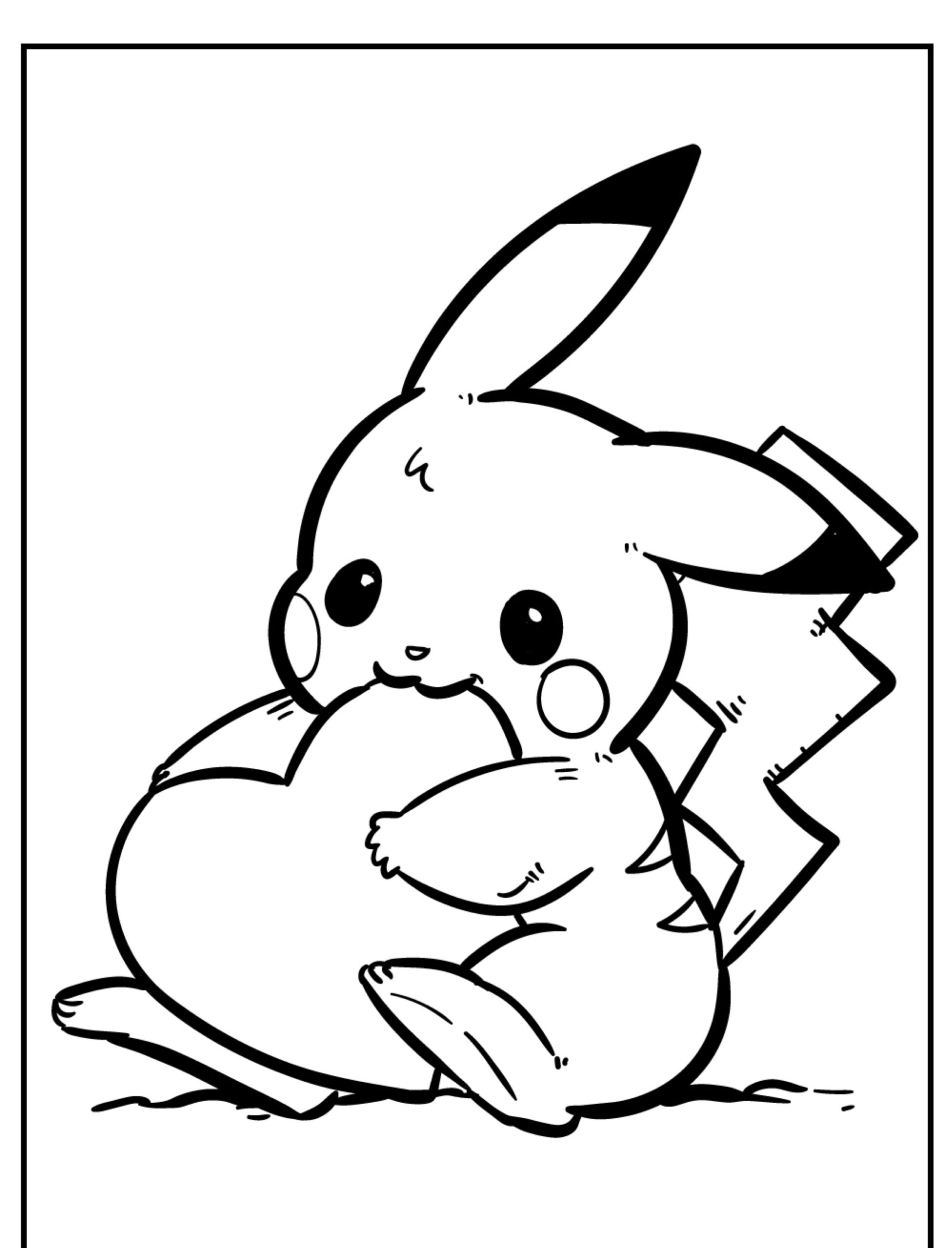 Um Pikachu fofo, perfeito para um desenho, segurando um grande coração com as duas patas e sorrindo adoravelmente. Para colorir.