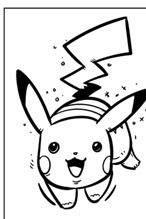 Desenho em preto e branco de um Pikachu feliz com uma cauda em forma de raio e estrelas ao redor, perfeito para colorir. Para colorir.