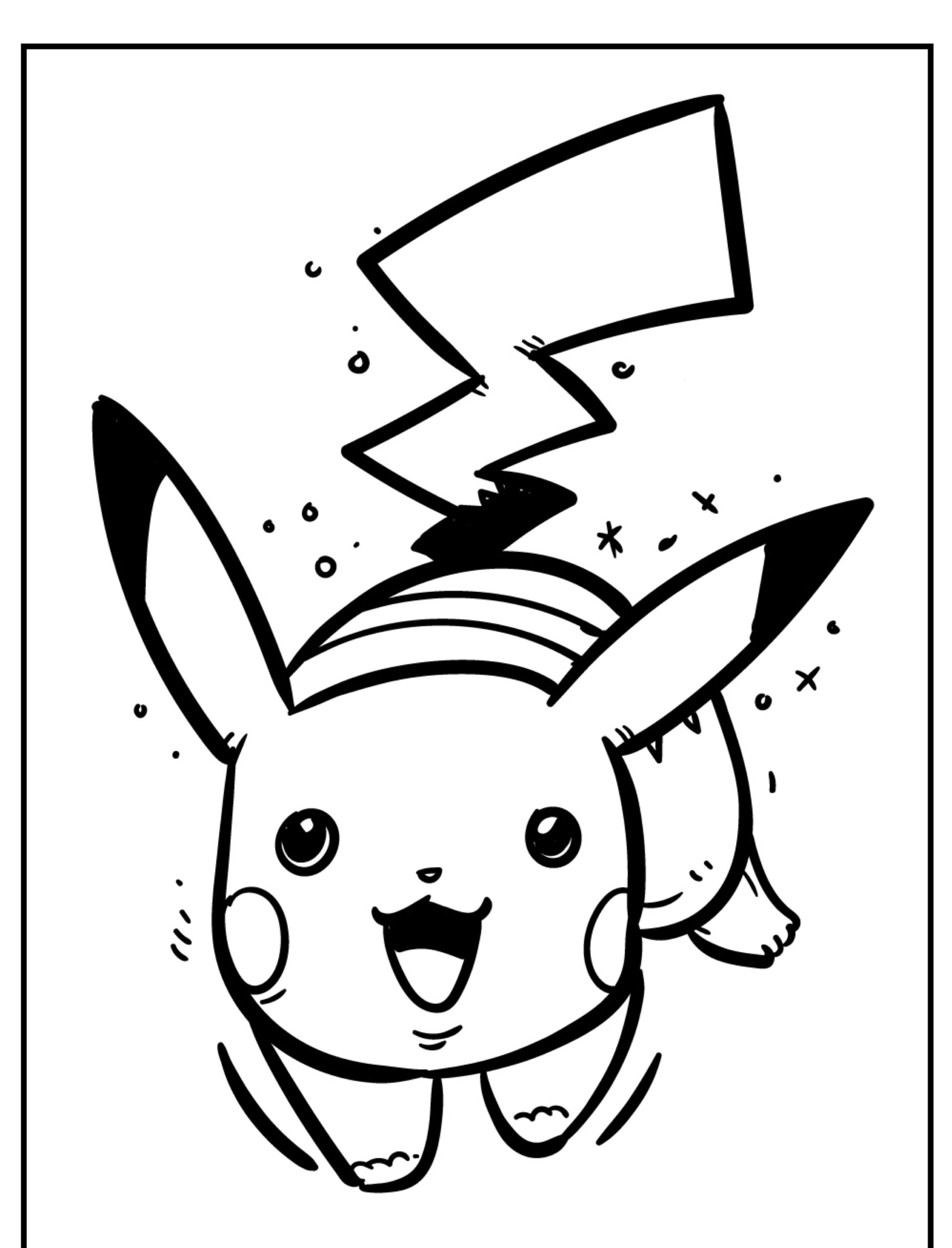 Desenho em preto e branco de um Pikachu feliz com uma cauda em forma de raio e estrelas ao redor, perfeito para colorir. Para colorir.