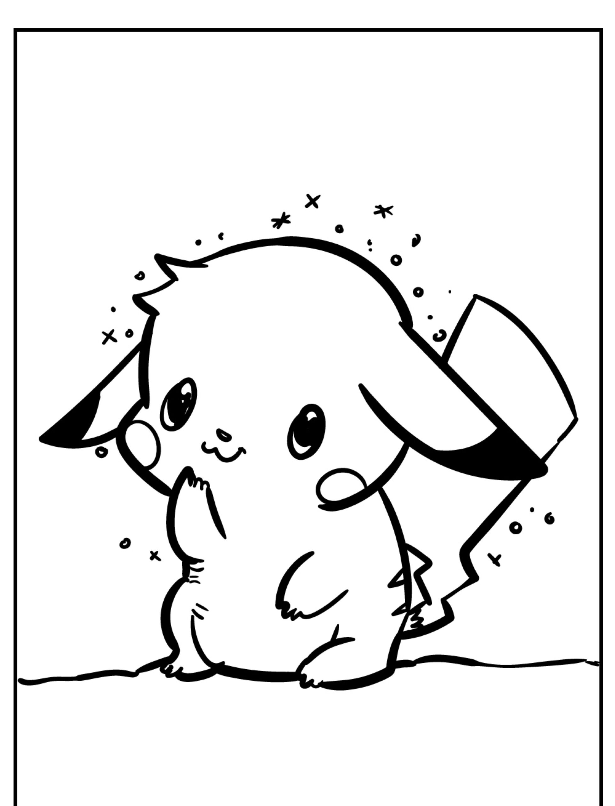 Desenho em preto e branco de um Pikachu fofo com uma expressão sorridente, cercado por pequenas estrelas, perfeito para colorir. Para colorir.