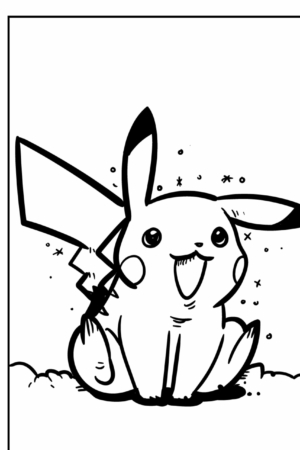 Um Pikachu feliz sentado com a língua de fora e um rabo brilhante em um desenho em preto e branco, pronto para colorir. Para colorir.