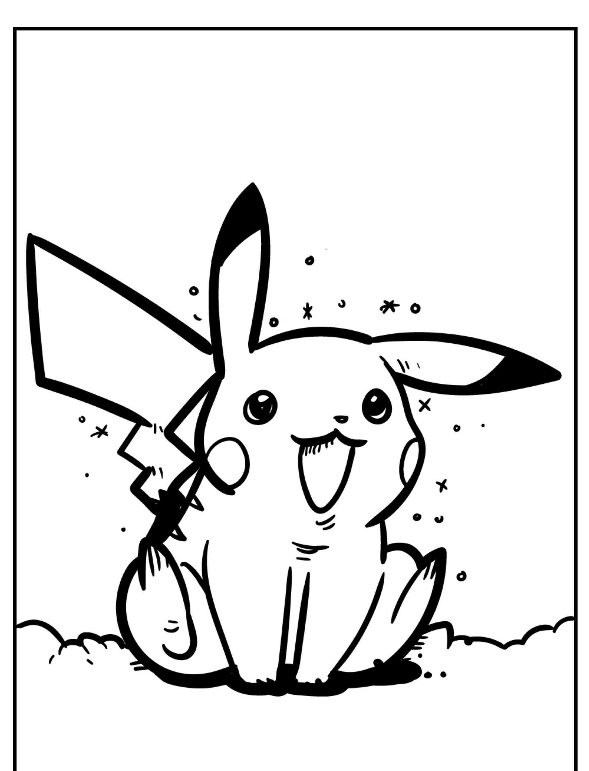 Um Pikachu feliz sentado com a língua de fora e um rabo brilhante em um desenho em preto e branco, pronto para colorir. Para colorir.