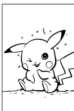 Um desenho em preto e branco de um Pikachu fofo piscando com uma mão na barriga e uma expressão travessa, perfeito para colorir para crianças. Para colorir.