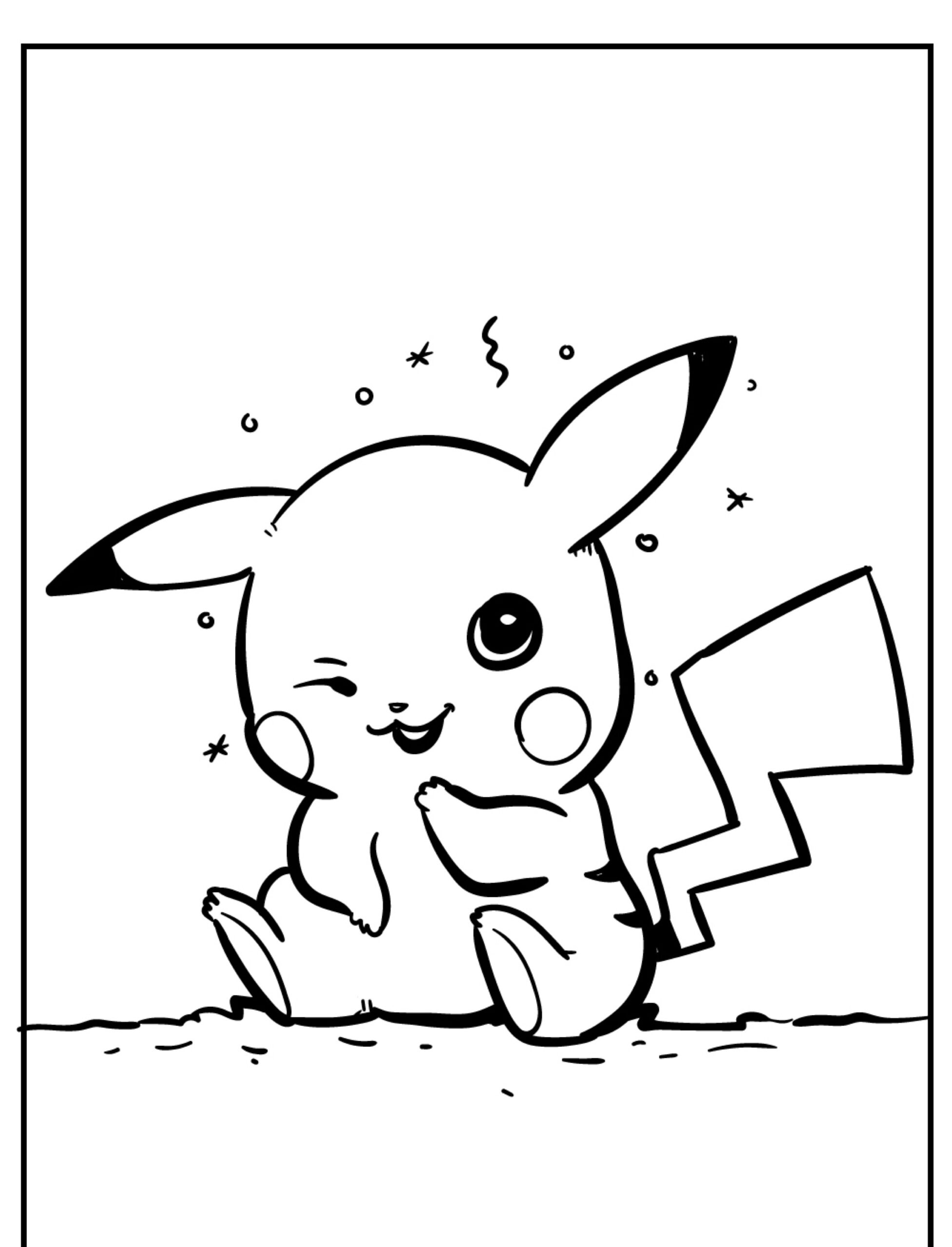 Um desenho em preto e branco de um Pikachu fofo piscando com uma mão na barriga e uma expressão travessa, perfeito para colorir para crianças. Para colorir.