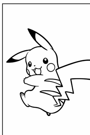 Ilustração em preto e branco do Pikachu, um Pokémon, sorrindo com a língua de fora e pulando no ar, perfeita para colorir. Para colorir.