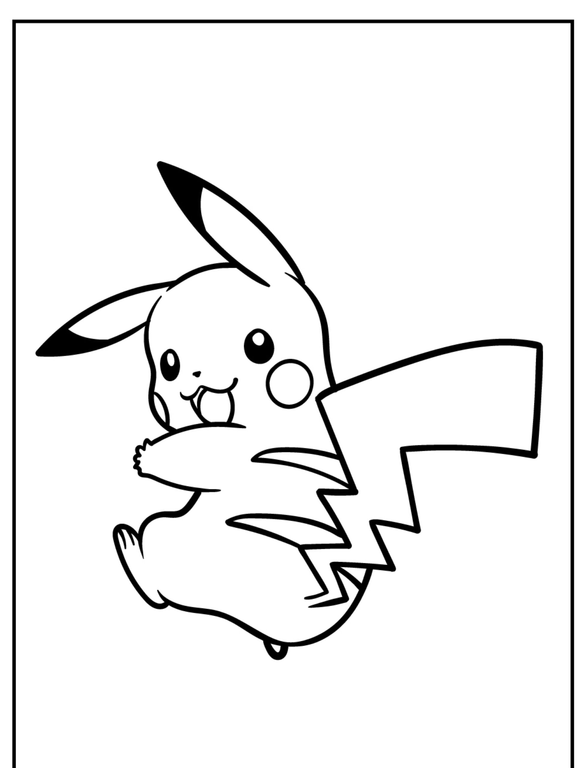 Ilustração em preto e branco do Pikachu, um Pokémon, sorrindo com a língua de fora e pulando no ar, perfeita para colorir. Para colorir.