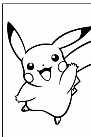 Um Pikachu alegre está pulando com uma pata levantada, sorrindo animadamente, em um desenho simples em preto e branco, perfeito para colorir. Para colorir.