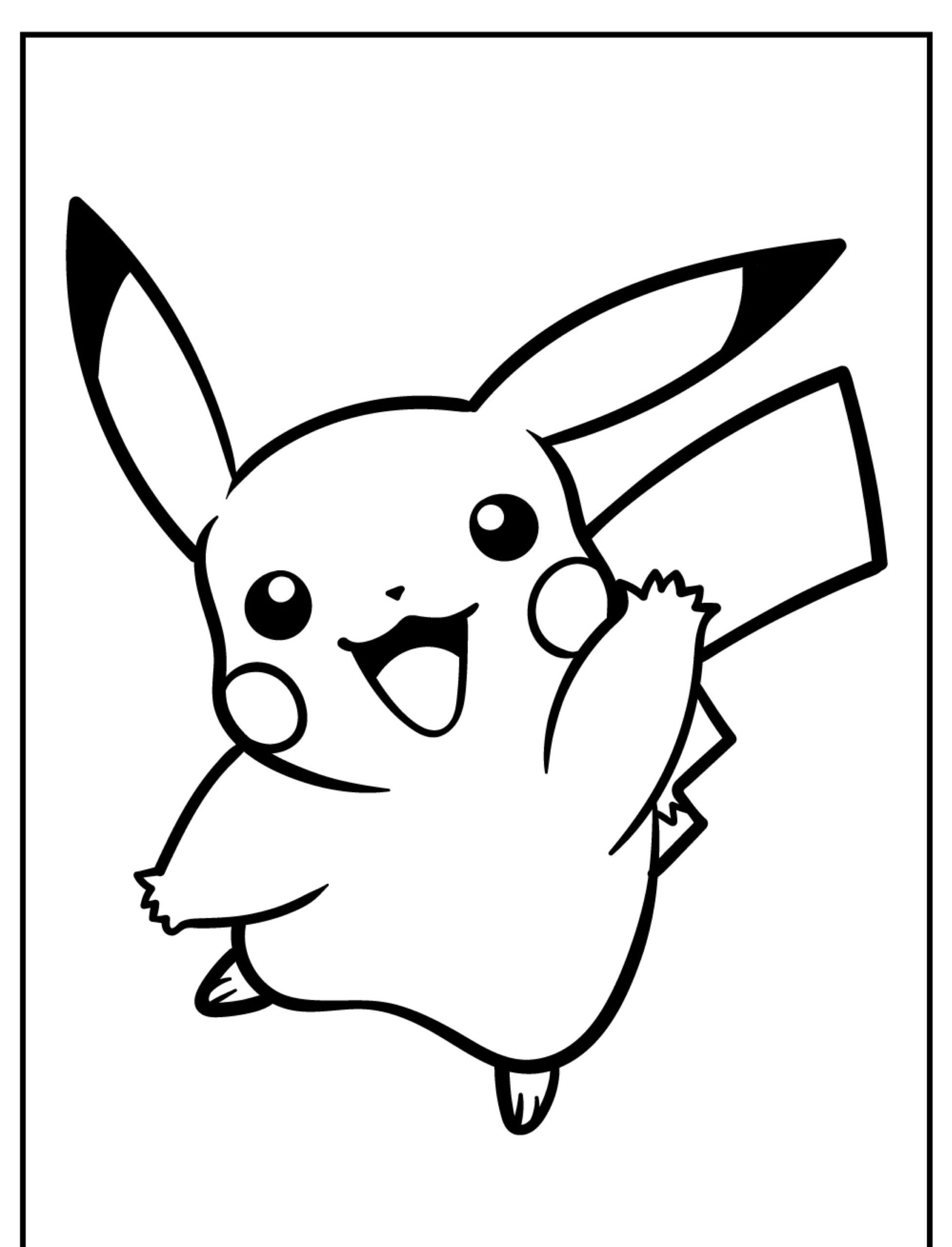 Um Pikachu alegre está pulando com uma pata levantada, sorrindo animadamente, em um desenho simples em preto e branco, perfeito para colorir. Para colorir.