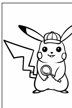 Pikachu, vestido de detetive com boné e lupa, espera ser trazido à vida por suas cores neste charmoso desenho de arte linear simples. Para colorir.