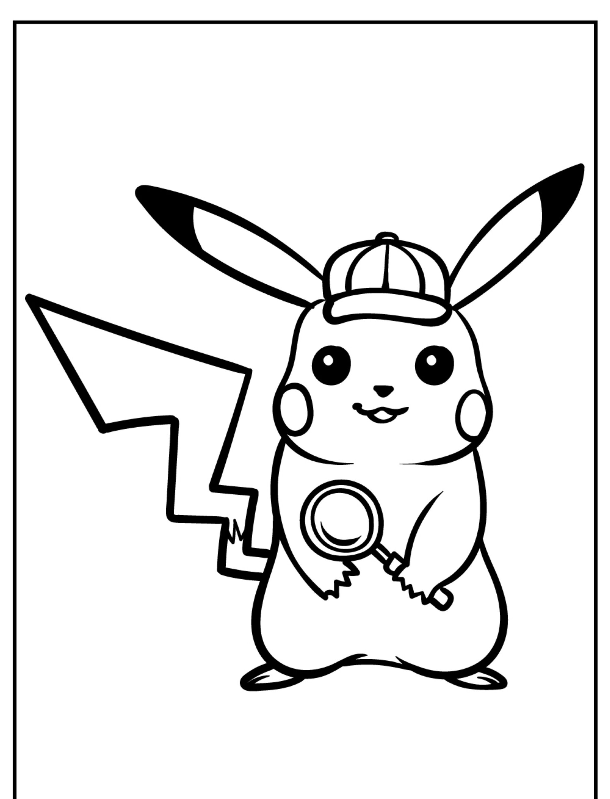 Pikachu, vestido de detetive com boné e lupa, espera ser trazido à vida por suas cores neste charmoso desenho de arte linear simples. Para colorir.