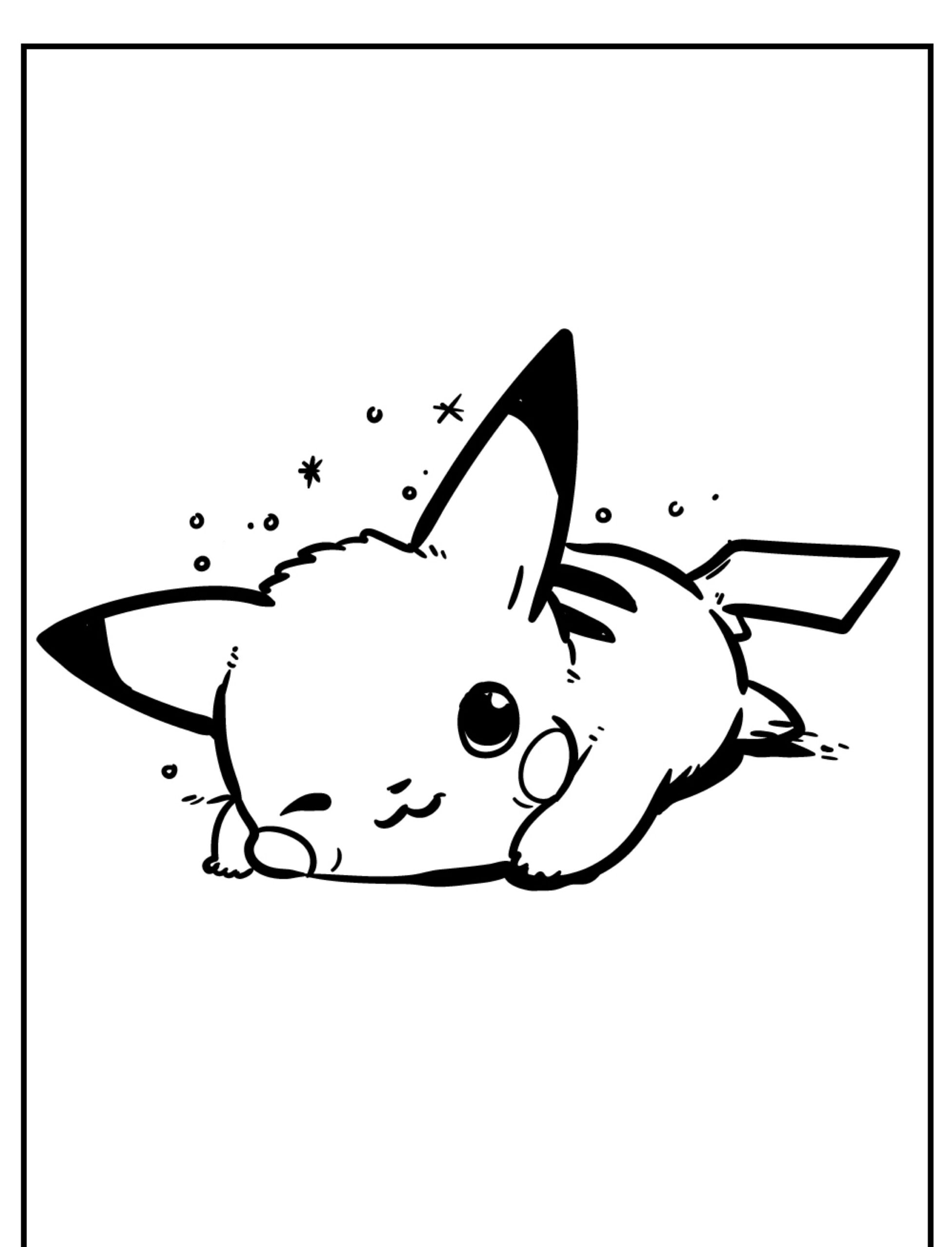 Um Pikachu fofo deitado e piscando, cercado de brilhos, é um desenho perfeito para colorir para crianças. Para colorir.