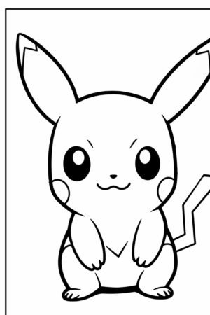 Desenho em preto e branco do Pikachu, um personagem de anime fofo com orelhas grandes, olhos redondos e uma cauda em formato de raio, perfeito para colorir. Para colorir.