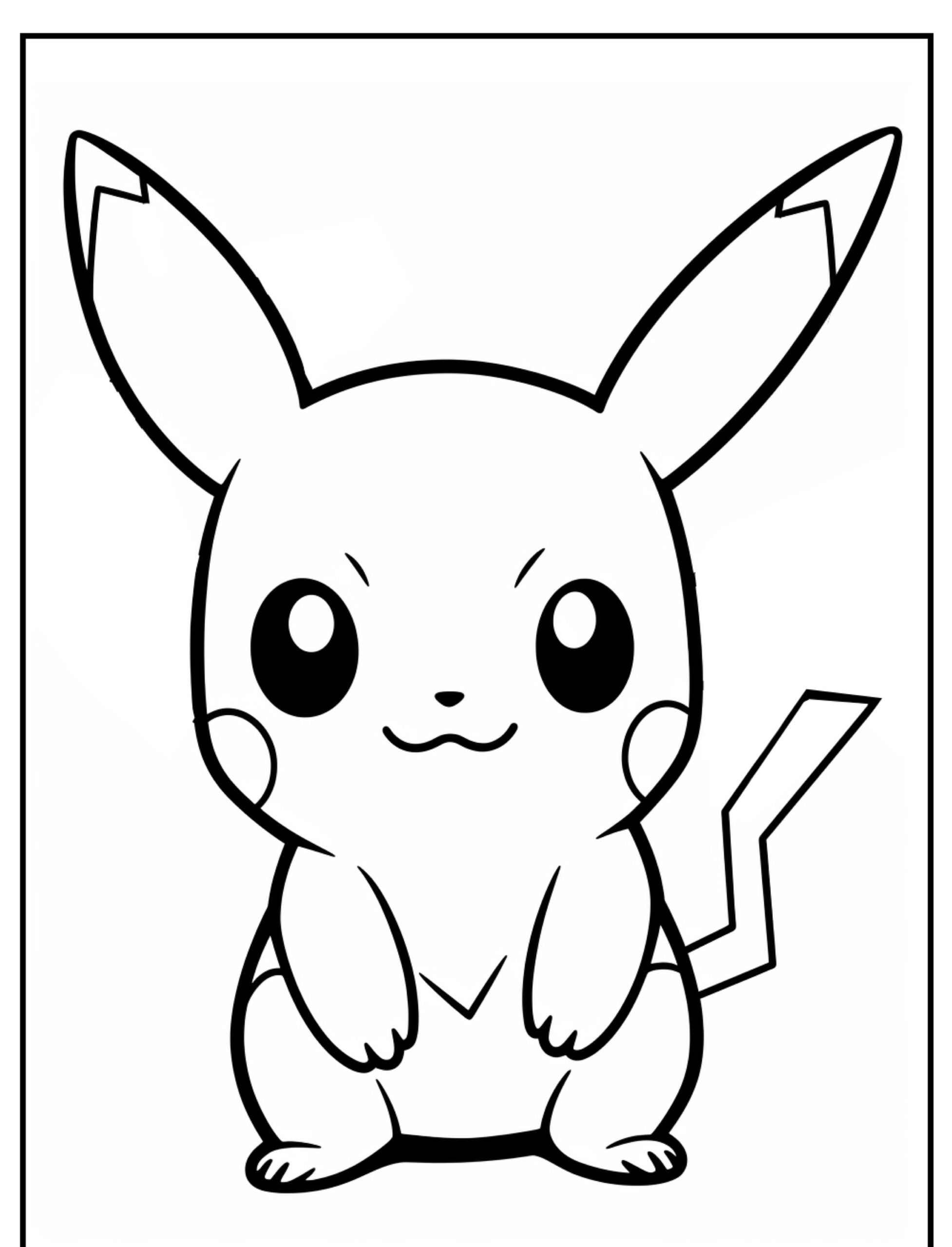 Desenho em preto e branco do Pikachu, um personagem de anime fofo com orelhas grandes, olhos redondos e uma cauda em formato de raio, perfeito para colorir. Para colorir.