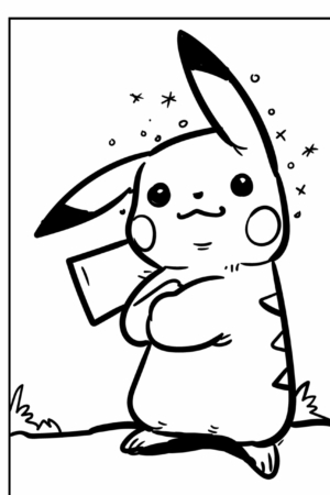 Um Pikachu estilo desenho animado está segurando um envelope e sorrindo com brilhos ao redor da cabeça, perfeito para os fãs de colorir. Para colorir.