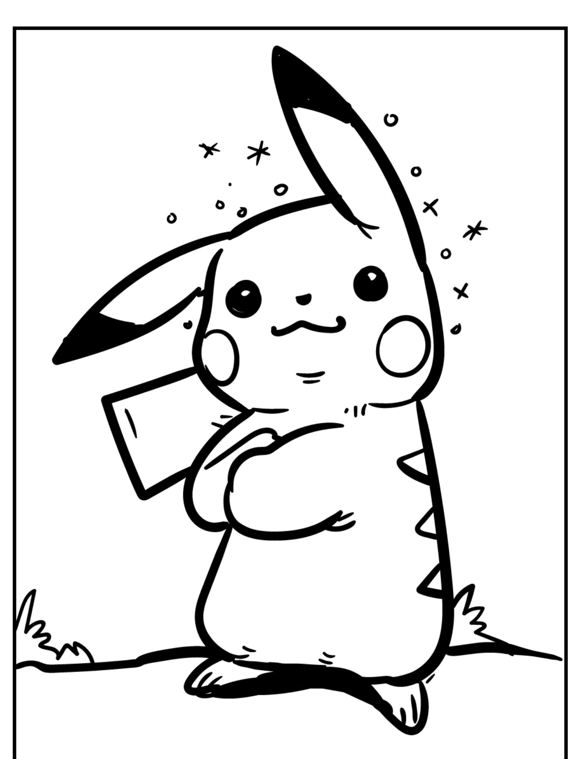 Um Pikachu estilo desenho animado está segurando um envelope e sorrindo com brilhos ao redor da cabeça, perfeito para os fãs de colorir. Para colorir.