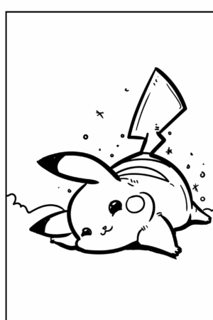 Um Pikachu fofo deitado contente de barriga para baixo, com brilhos ao redor, desenhado em um estilo simples de desenho em preto e branco, perfeito para colorir. Para colorir.