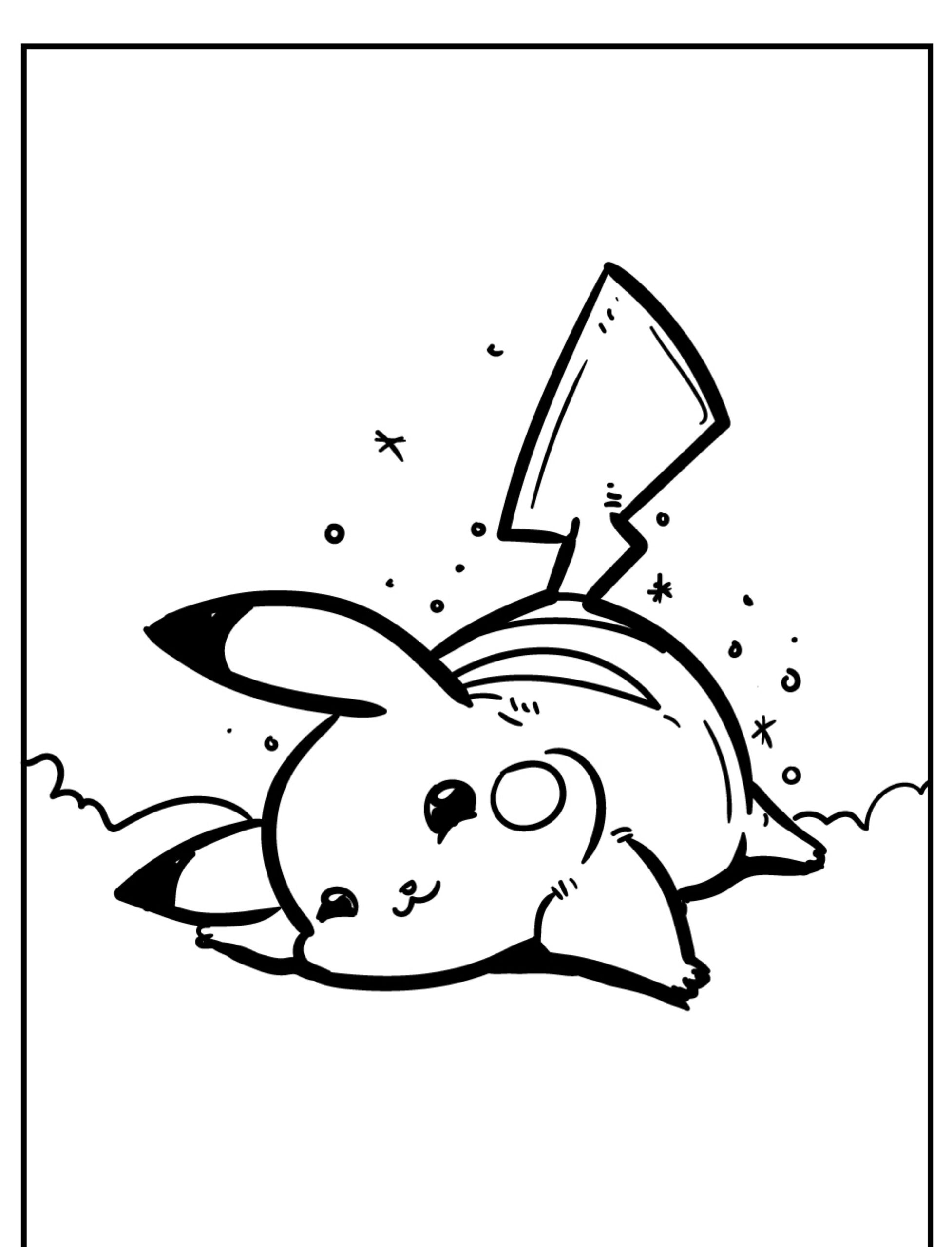 Um Pikachu fofo deitado contente de barriga para baixo, com brilhos ao redor, desenhado em um estilo simples de desenho em preto e branco, perfeito para colorir. Para colorir.