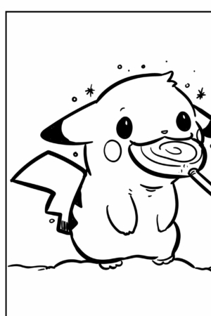 Um personagem de desenho animado, muito parecido com o Pikachu, feliz segurando um grande pirulito e de pé sobre dois pés com uma expressão sorridente, perfeito para crianças colorirem. Para colorir.