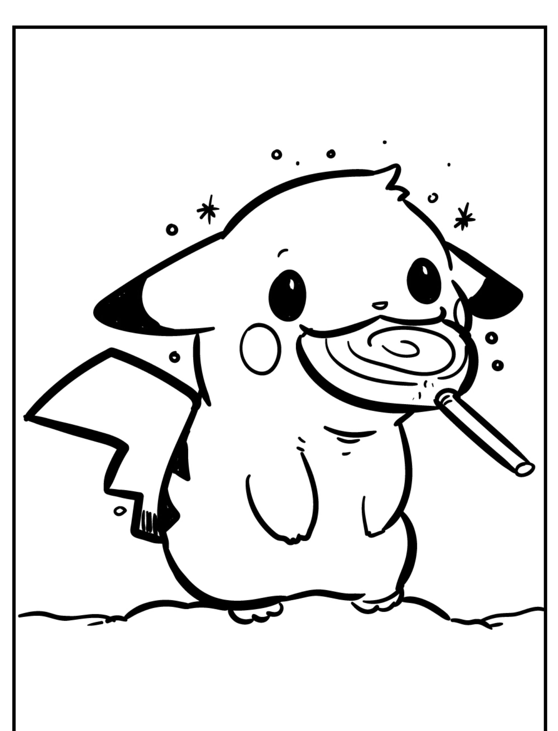 Um personagem de desenho animado, muito parecido com o Pikachu, feliz segurando um grande pirulito e de pé sobre dois pés com uma expressão sorridente, perfeito para crianças colorirem. Para colorir.