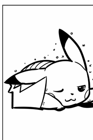 Um Pikachu fofo relaxando com um olho fechado e uma expressão satisfeita, deitado de bruços e cercado por pequenos brilhos, parecendo um desenho para colorir. Para colorir.