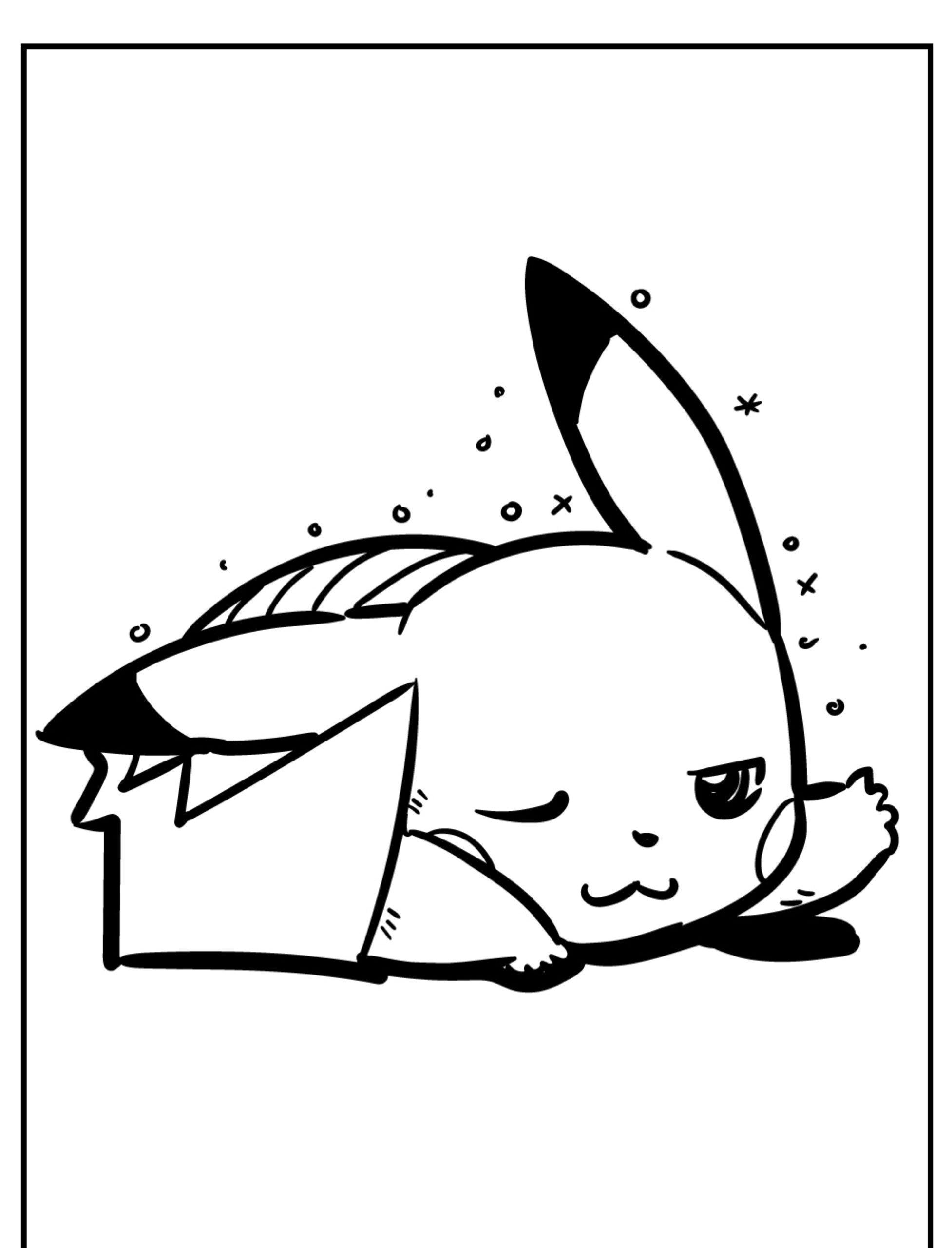 Um Pikachu fofo relaxando com um olho fechado e uma expressão satisfeita, deitado de bruços e cercado por pequenos brilhos, parecendo um desenho para colorir. Para colorir.