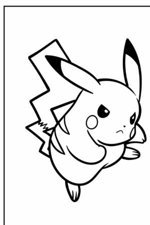 Desenho em preto e branco do Pikachu, um personagem Pokémon, com olhar determinado, punho levantado e cauda eletrificada, ideal para crianças colorir. Para colorir.