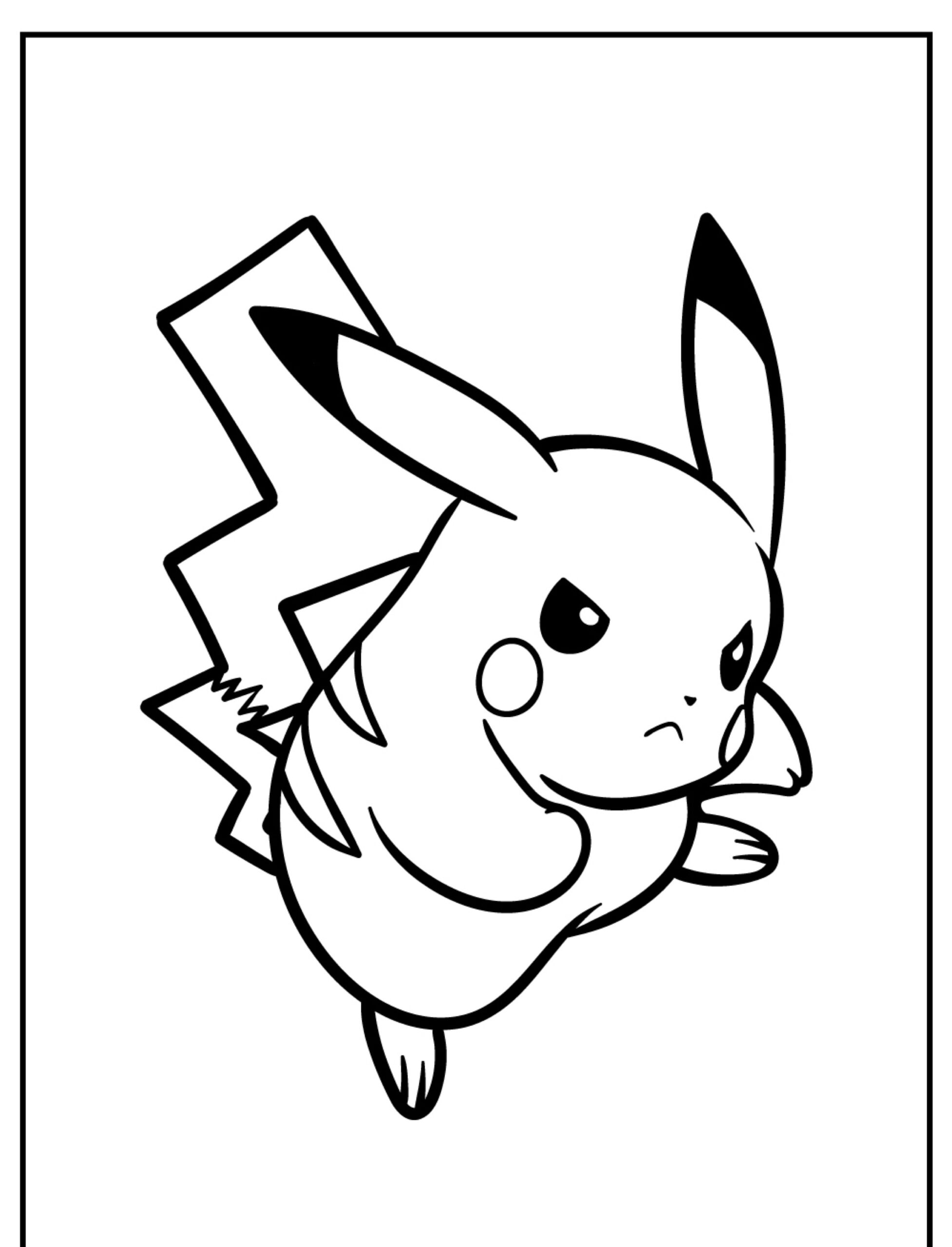 Desenho em preto e branco do Pikachu, um personagem Pokémon, com olhar determinado, punho levantado e cauda eletrificada, ideal para crianças colorir. Para colorir.