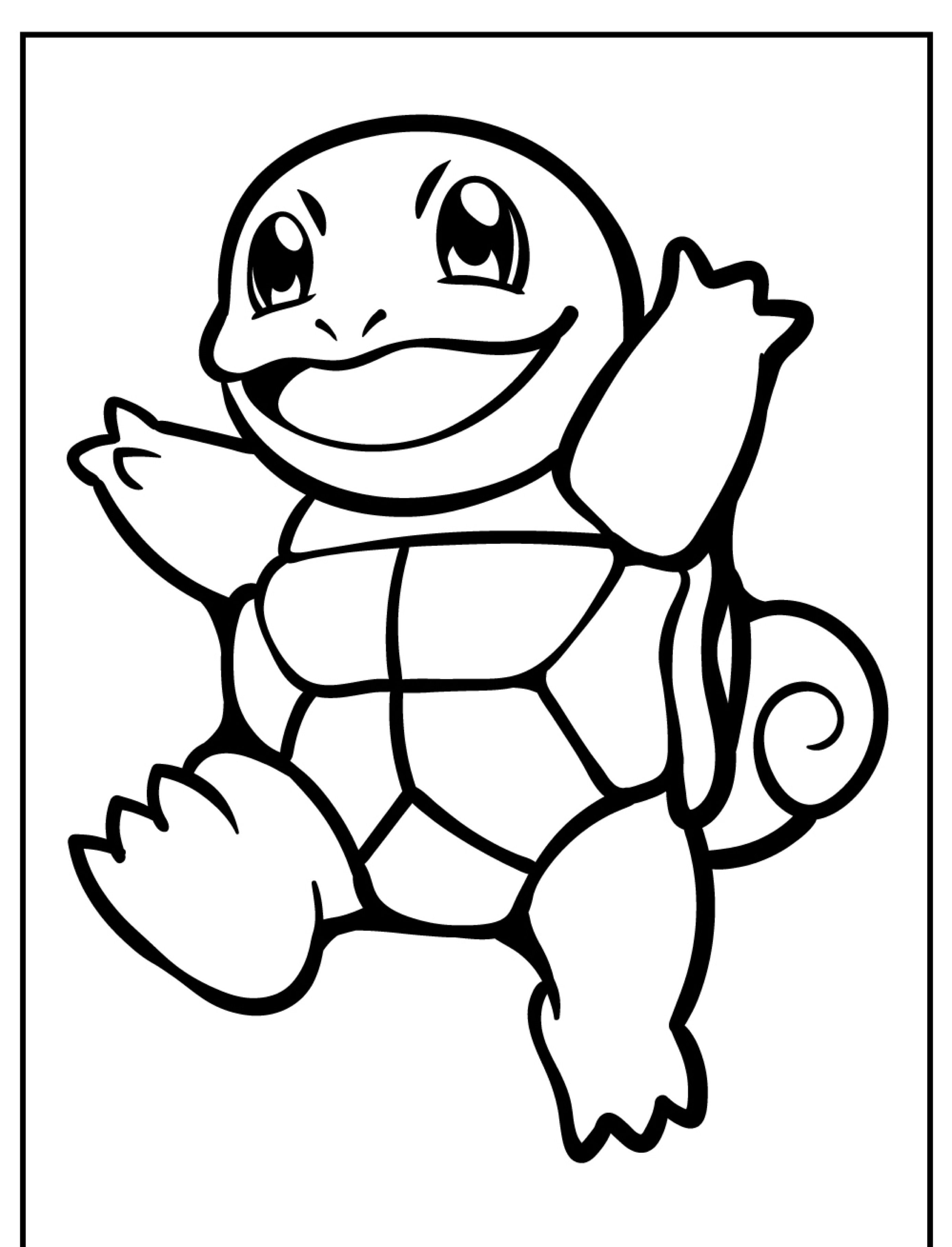 Uma imagem de desenho animado em preto e branco de uma tartaruga alegre em pé sobre duas pernas com um grande sorriso e braços erguidos, lembrando um personagem de Pokémon. Perfeito para Desenhos para colorir.