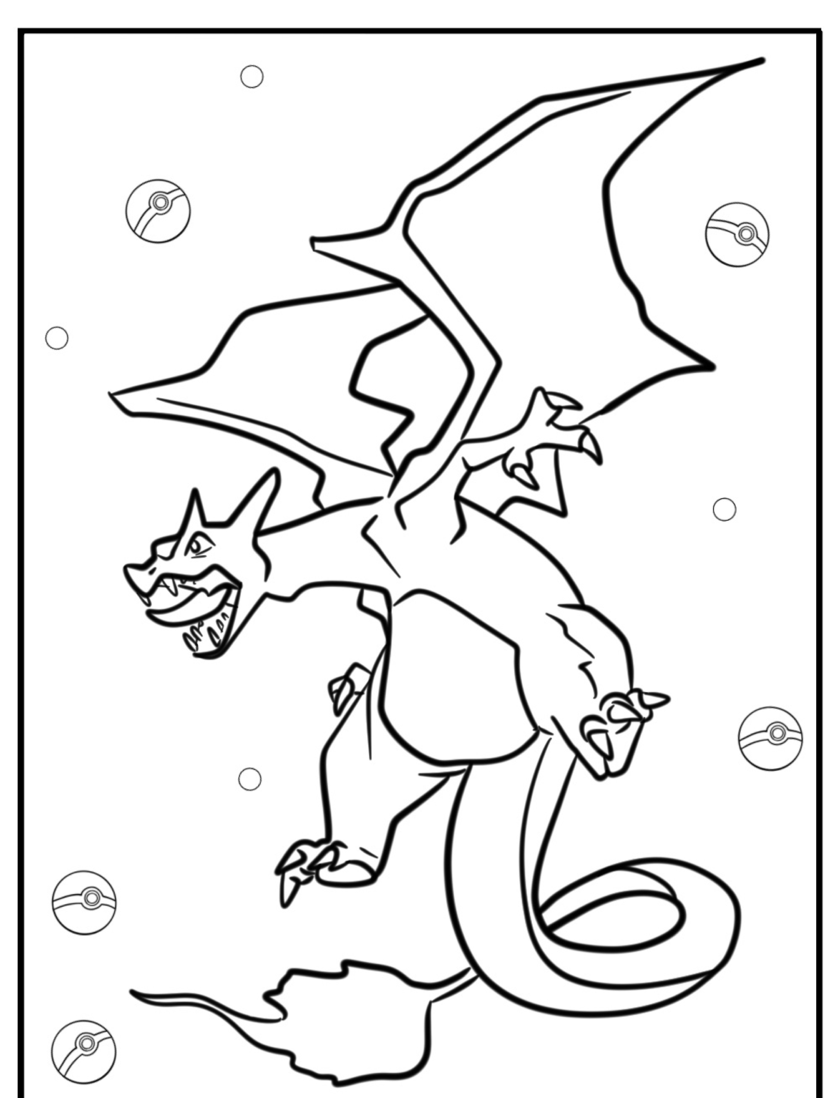 Um desenho de uma criatura parecida com um dragão, com asas e uma cauda em forma de fogo, cercada por Pokébolas, perfeito para quem gosta de desenhos para colorir.