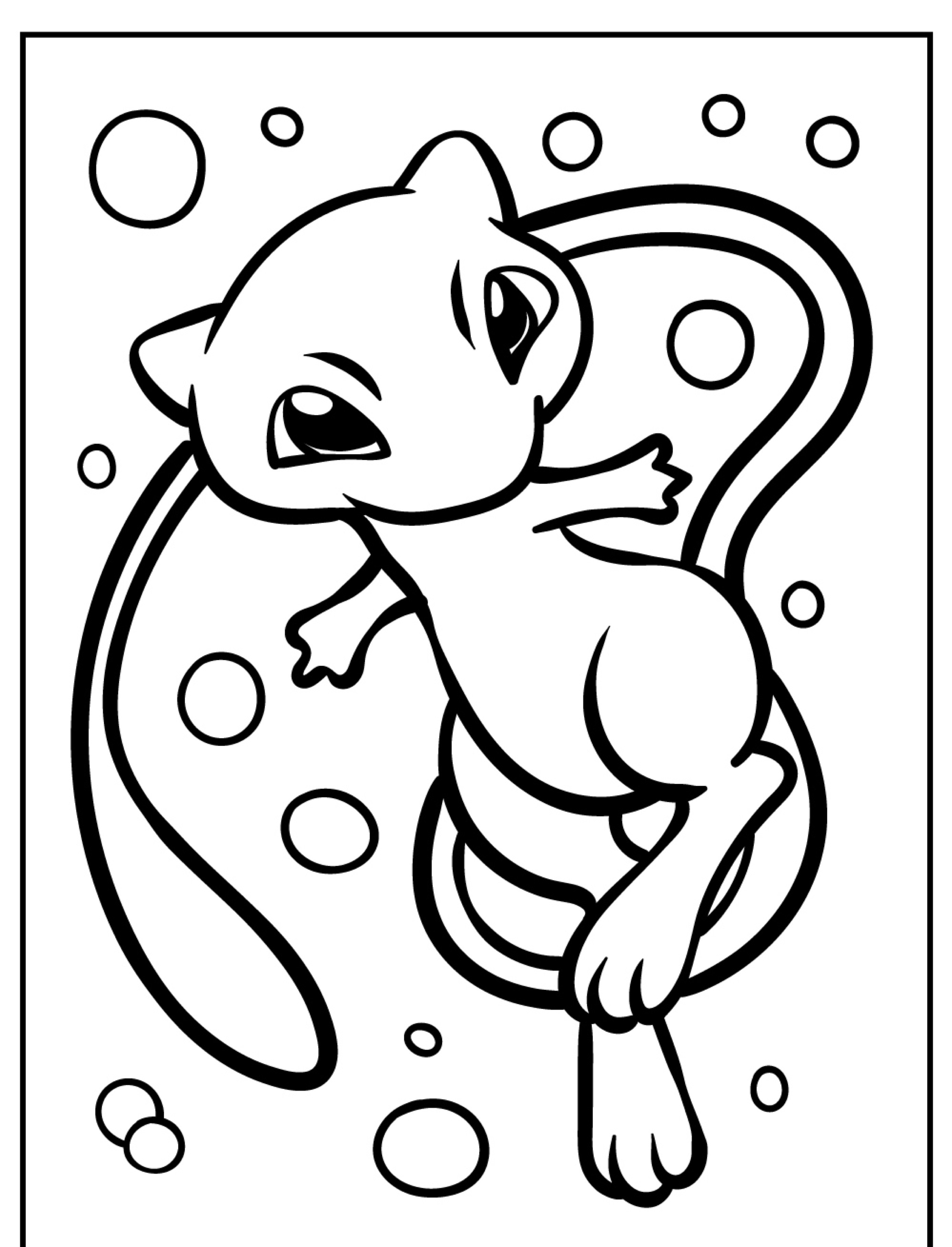 Um personagem fofo, parecido com um gato, com olhos grandes e uma cauda longa, está flutuando entre bolhas nesta página de desenho para colorir com tema Pokémon.