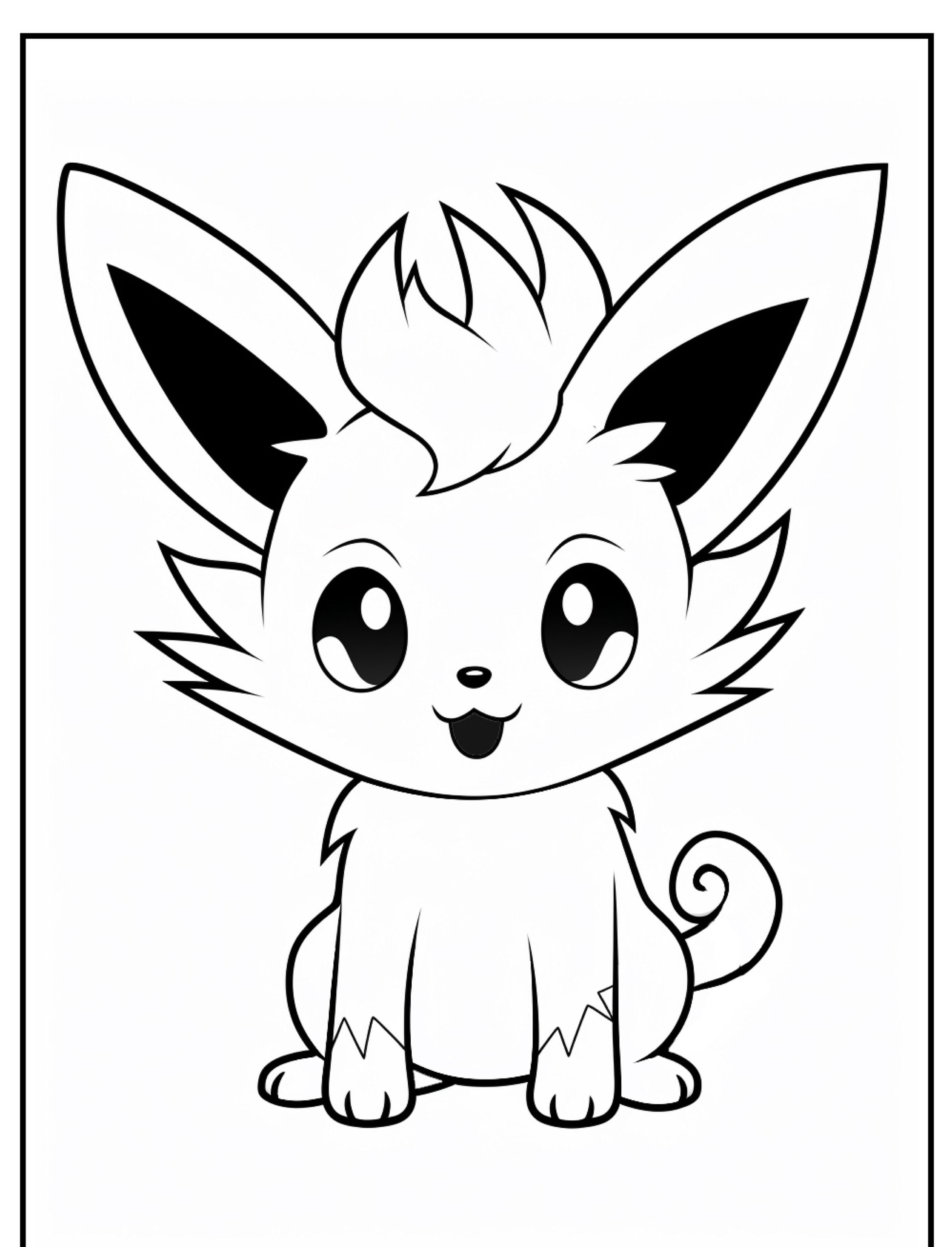 Desenho de contorno de um gatinho fofo, estilo desenho animado, com orelhas grandes, olhos grandes e uma cauda espiral, sentado e sorrindo. Perfeito para fãs de desenho para colorir!