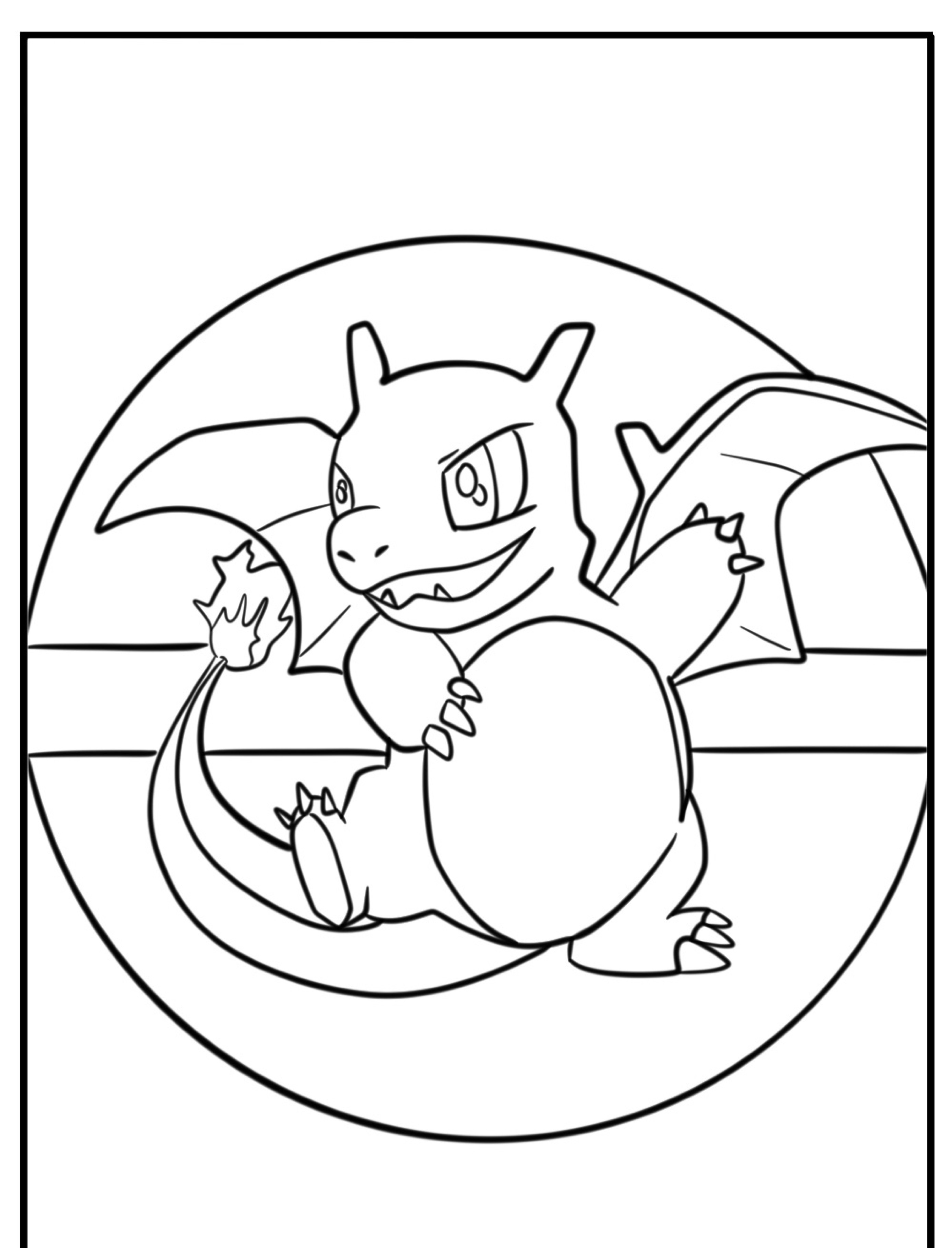 Um desenho para colorir apresentando um dragão de desenho animado com asas e uma cauda flamejante, em pé na frente de um fundo redondo.