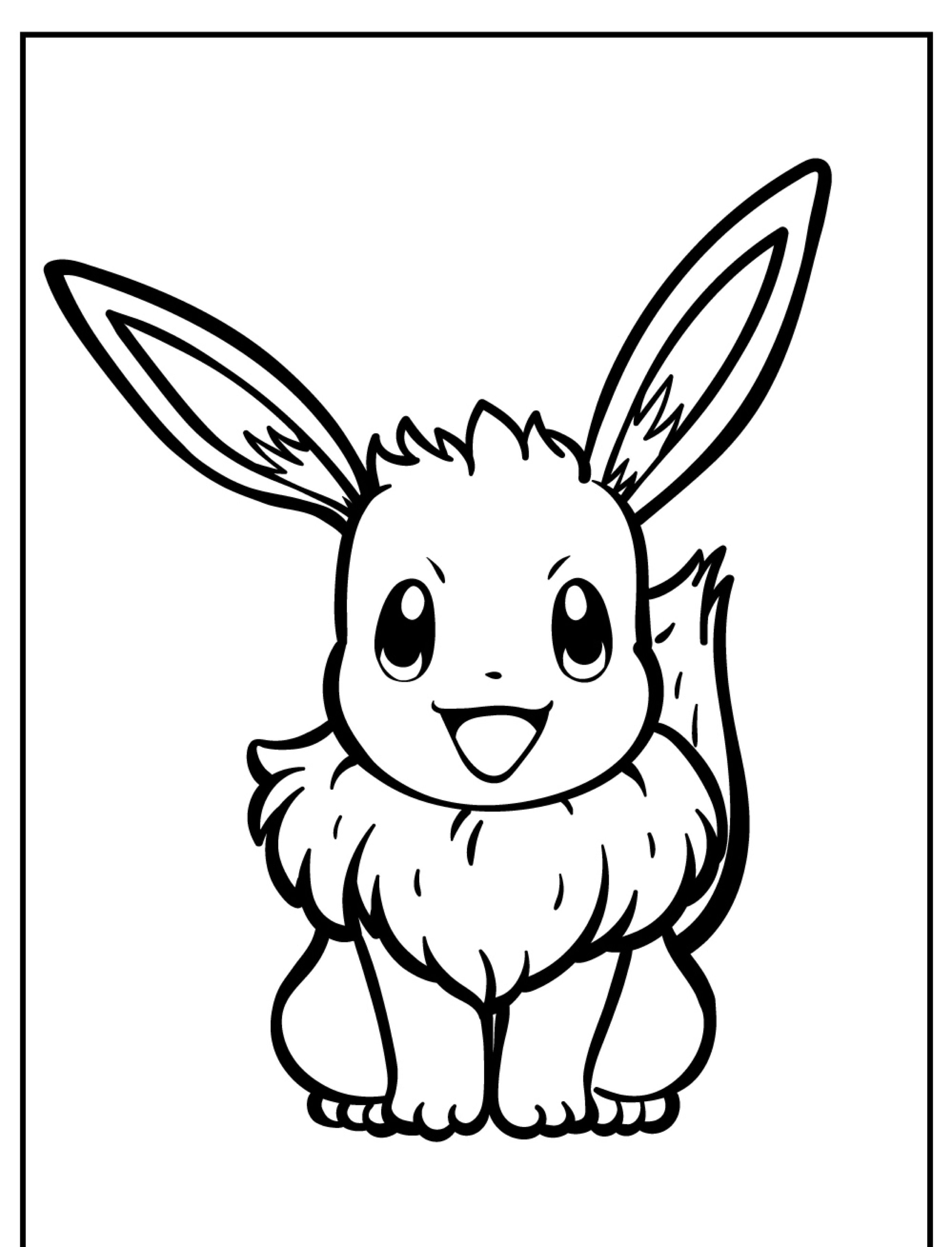 Um desenho em preto e branco de um Eevee, um Pokémon fofo, parecido com uma raposa, sentado e sorrindo. Perfeito para fãs de Pokémon que procuram desenho para colorir.